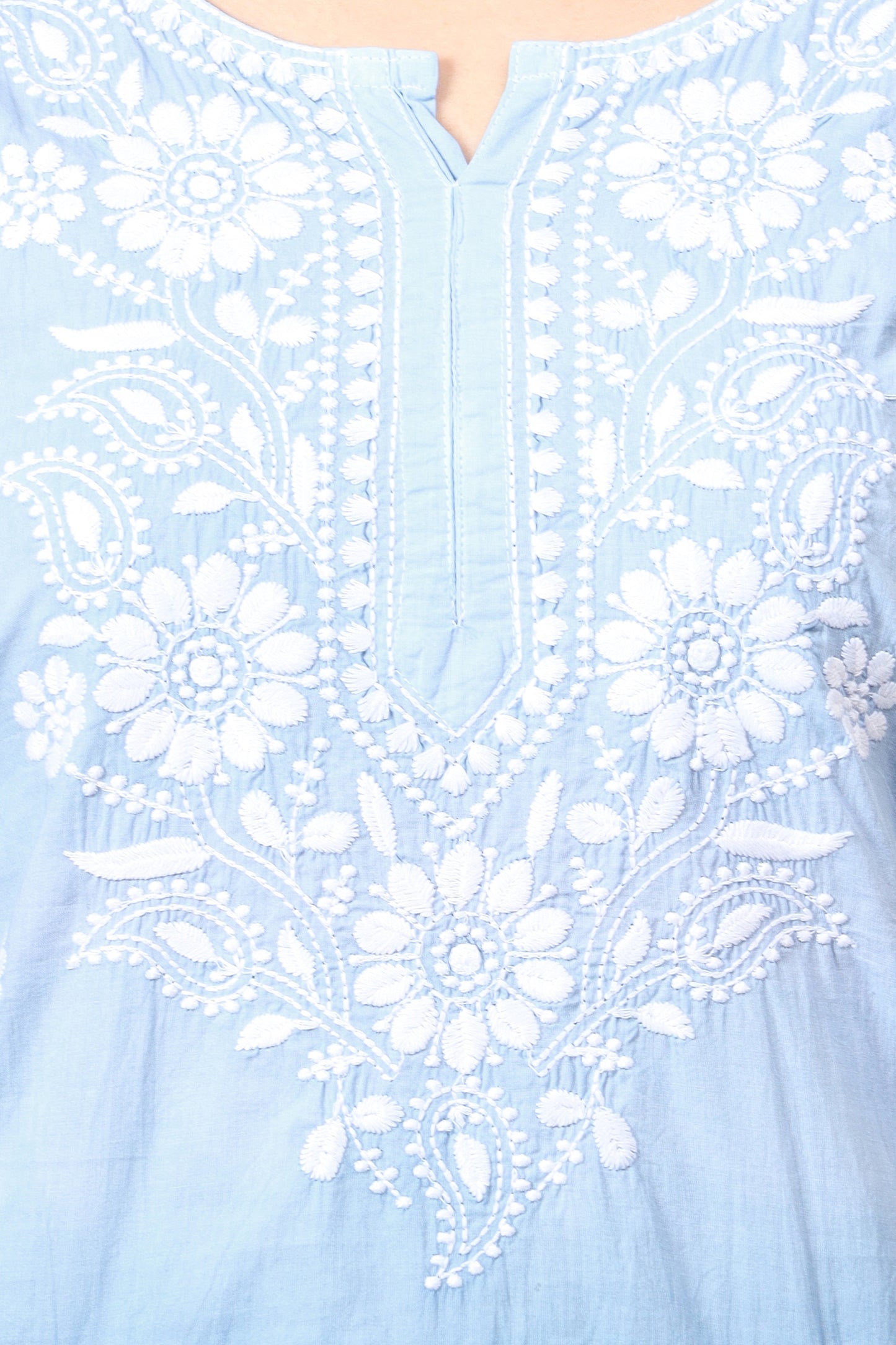 The Chikankari Story Pure Cotton Kurti for Women - Fine Chikan Kari Machine Embroidery in Ombre Shades of Purple, White, Yellow, Pink, and Blue.