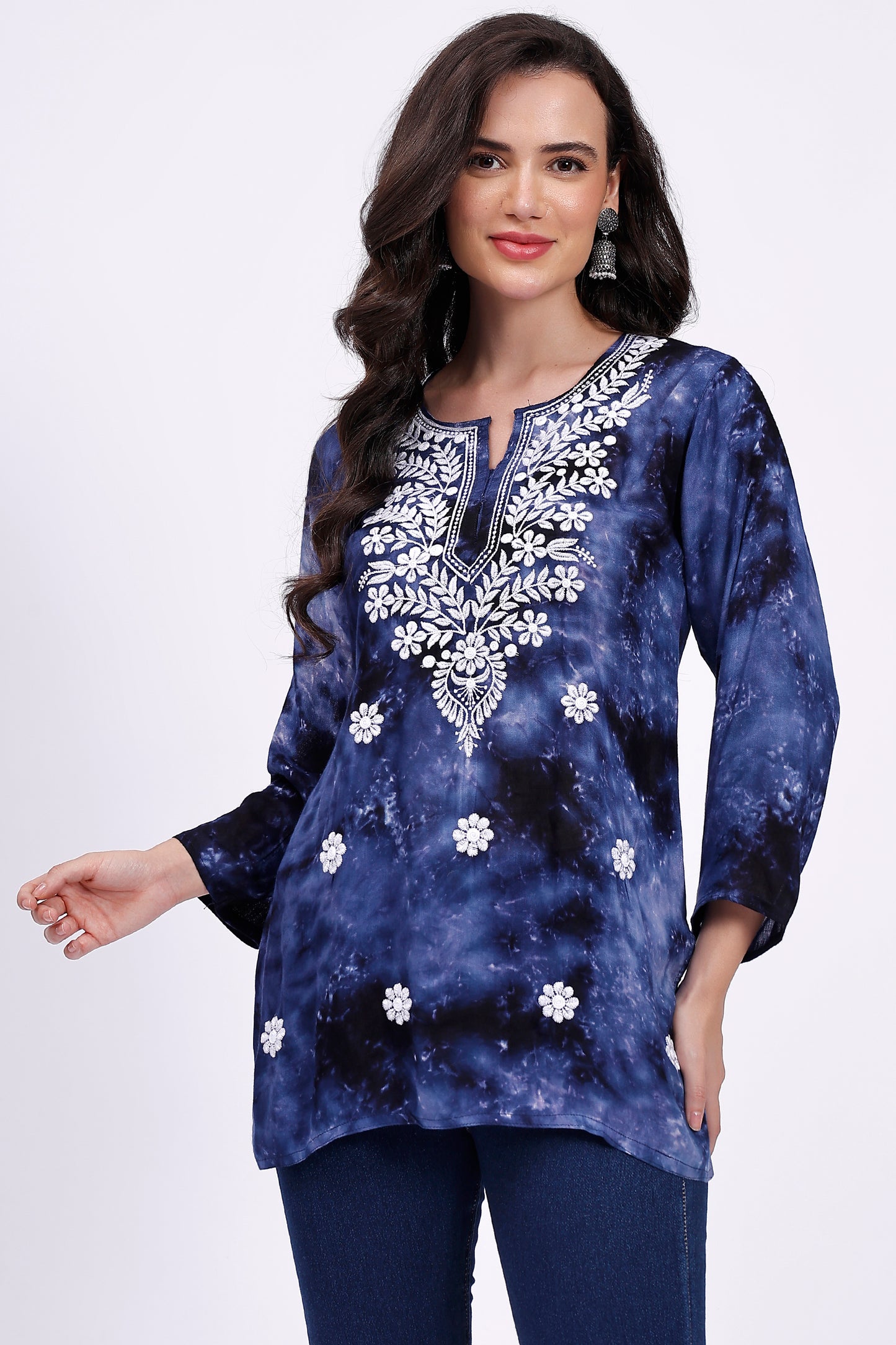 The Chikankari Story Embroidered Rayon Tie-Dyed Chikankari Blue short Kurti with 3D Embroidery.