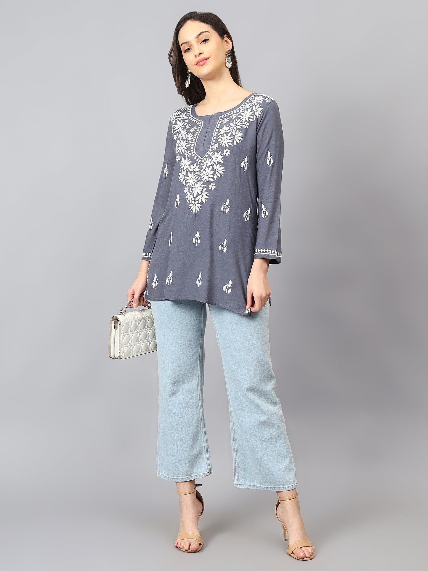 The Chikankari Story: Lucknowi Chikankari Hand Embroidery Cotton Rayon Short Kurti, Kurta, Top, and Tunic Collection in Deep Sea Green, Green Olive, Cool Blue, Black, and Grey