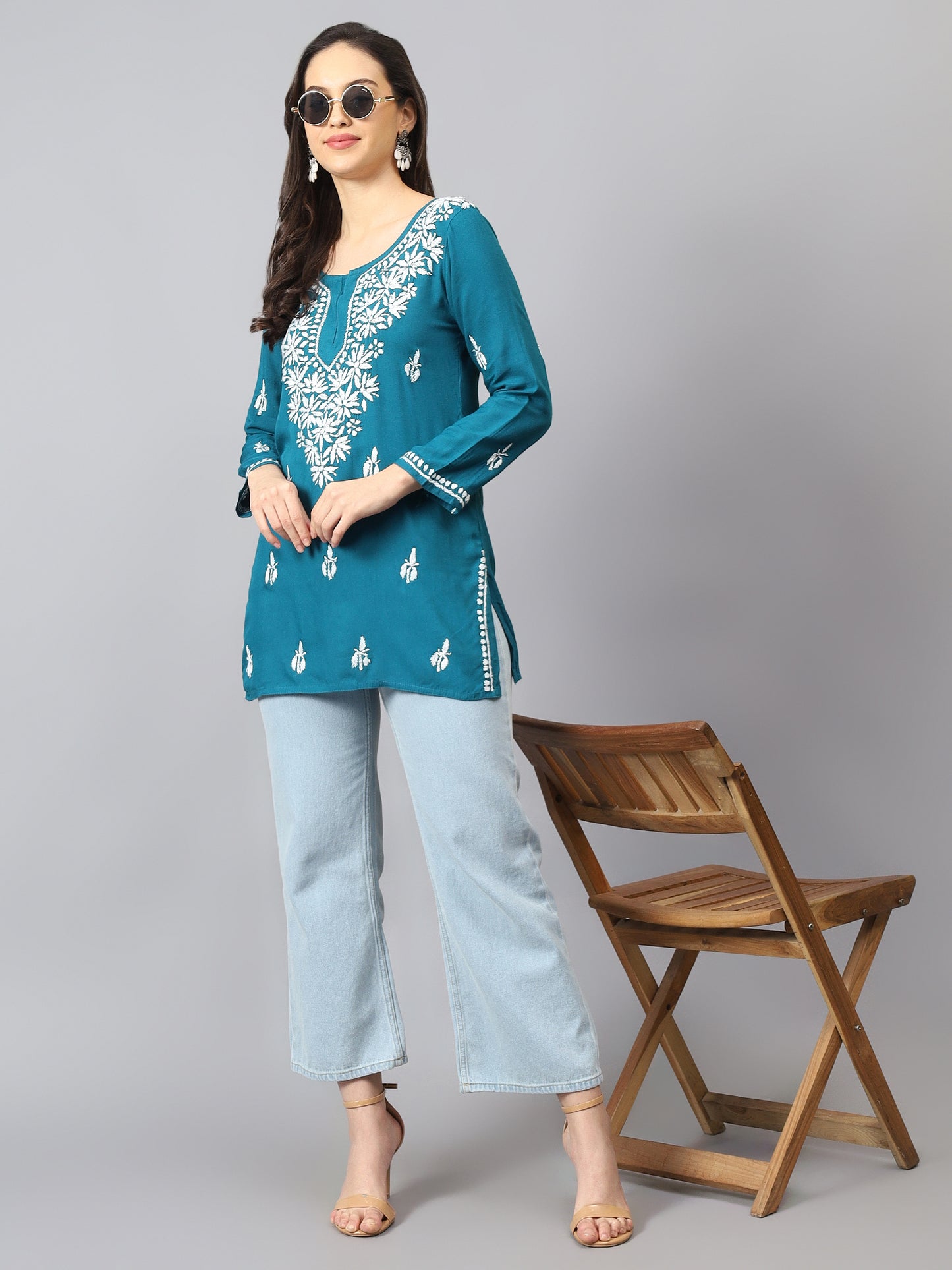 The Chikankari Story: Lucknowi Chikankari Hand Embroidery Cotton Rayon Short Kurti, Kurta, Top, and Tunic Collection in Deep Sea Green, Green Olive, Cool Blue, Black, and Grey
