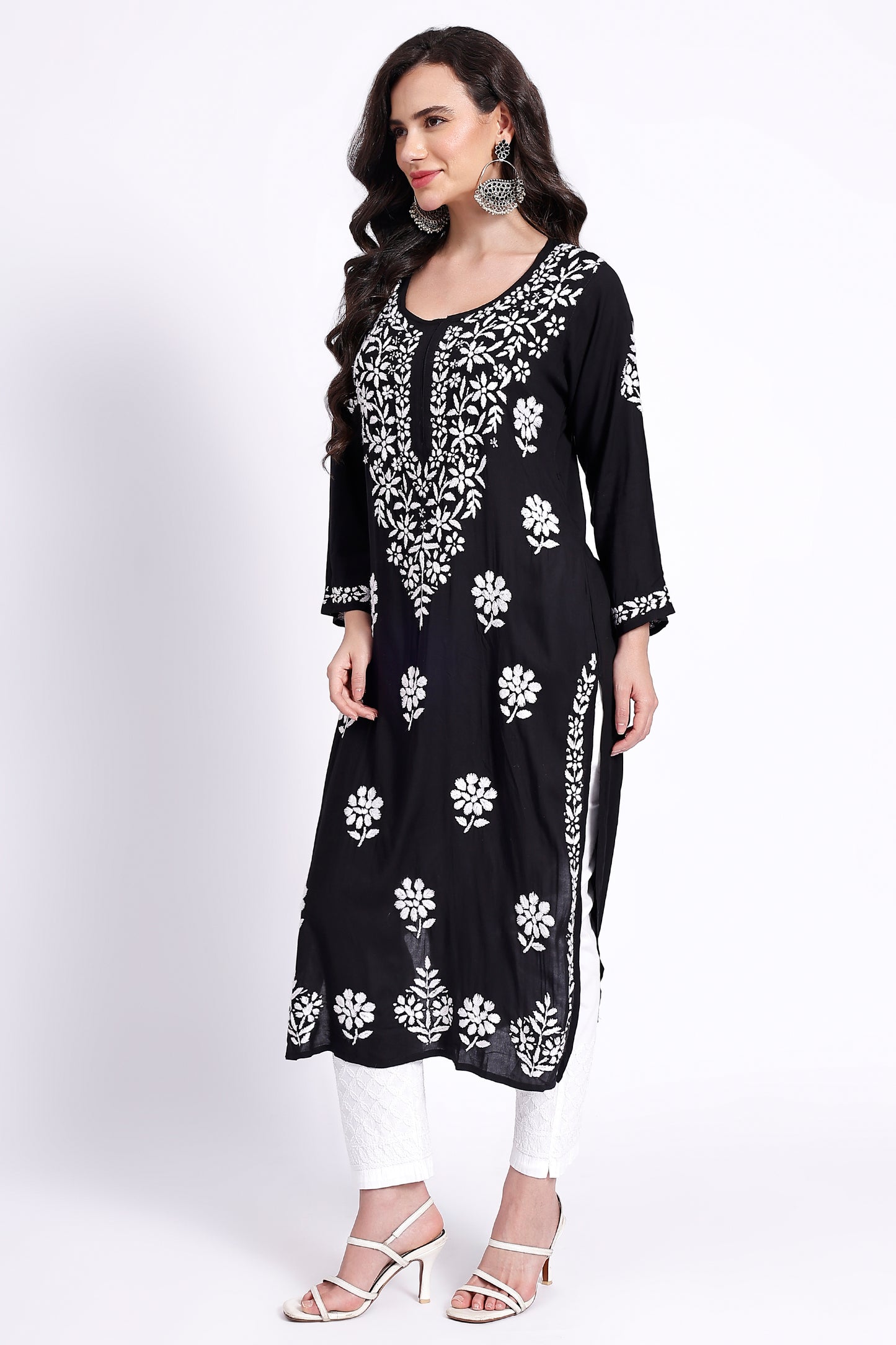 The Chikankari Story Hand-Embroidered Pure Modal Fabric Lucknowi Chikankari Black,Purple and Red Kurta kurti having Traditional 3D Motifs Work.