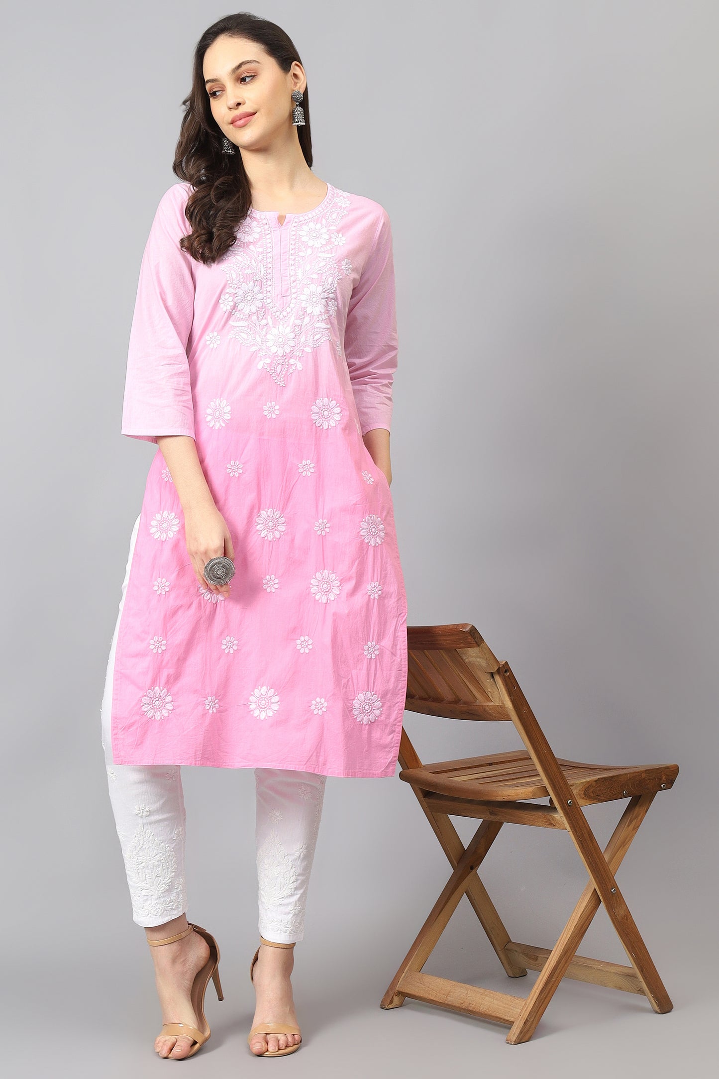 The Chikankari Story Pure Cotton Kurti for Women - Fine Chikan Kari Machine Embroidery in Ombre Shades of Purple, White, Yellow, Pink, and Blue.