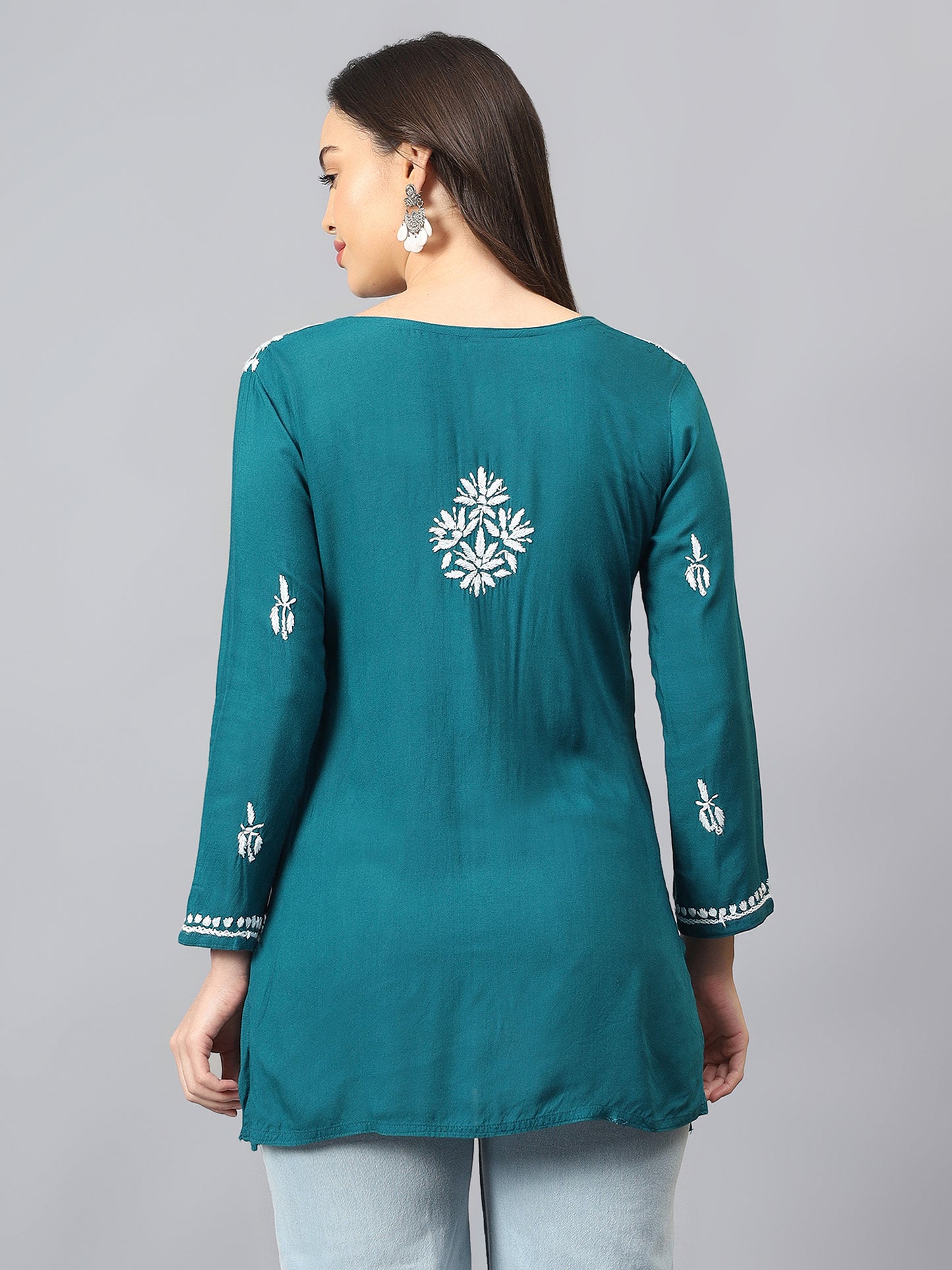 The Chikankari Story: Lucknowi Chikankari Hand Embroidery Cotton Rayon Short Kurti, Kurta, Top, and Tunic Collection in Deep Sea Green, Green Olive, Cool Blue, Black, and Grey