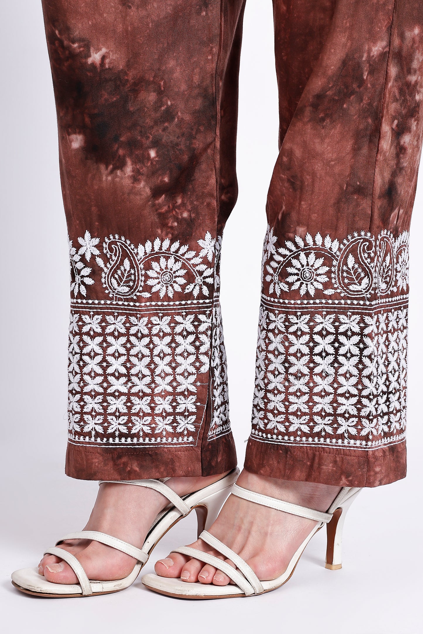 The Chikankari Story Embroidered Rayon Tie-Dyed Chikankari Brown Kurti plazzo set having bollywood 3D Embroidery.