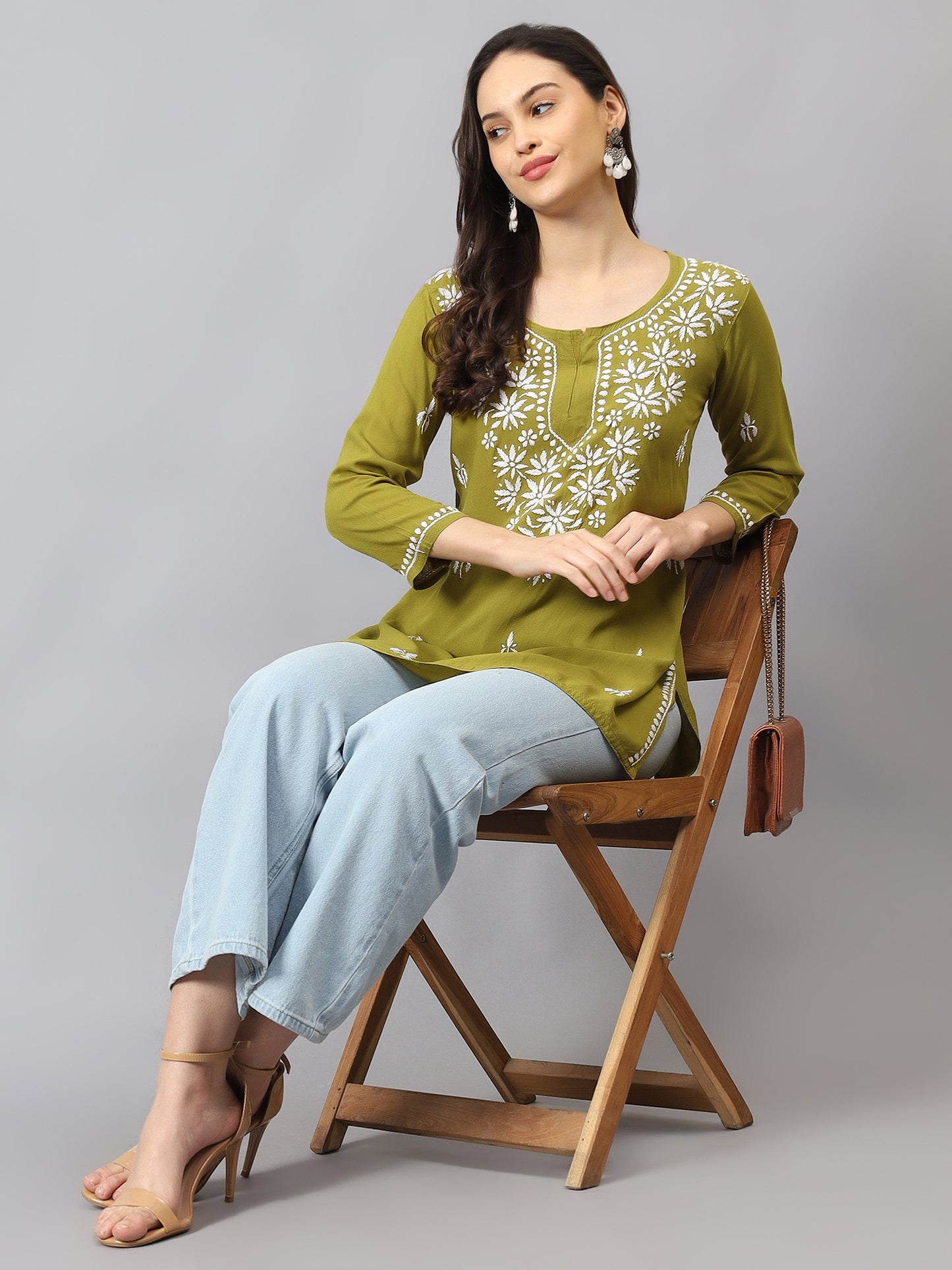 The Chikankari Story: Lucknowi Chikankari Hand Embroidery Cotton Rayon Short Kurti, Kurta, Top, and Tunic Collection in Deep Sea Green, Green Olive, Cool Blue, Black, and Grey