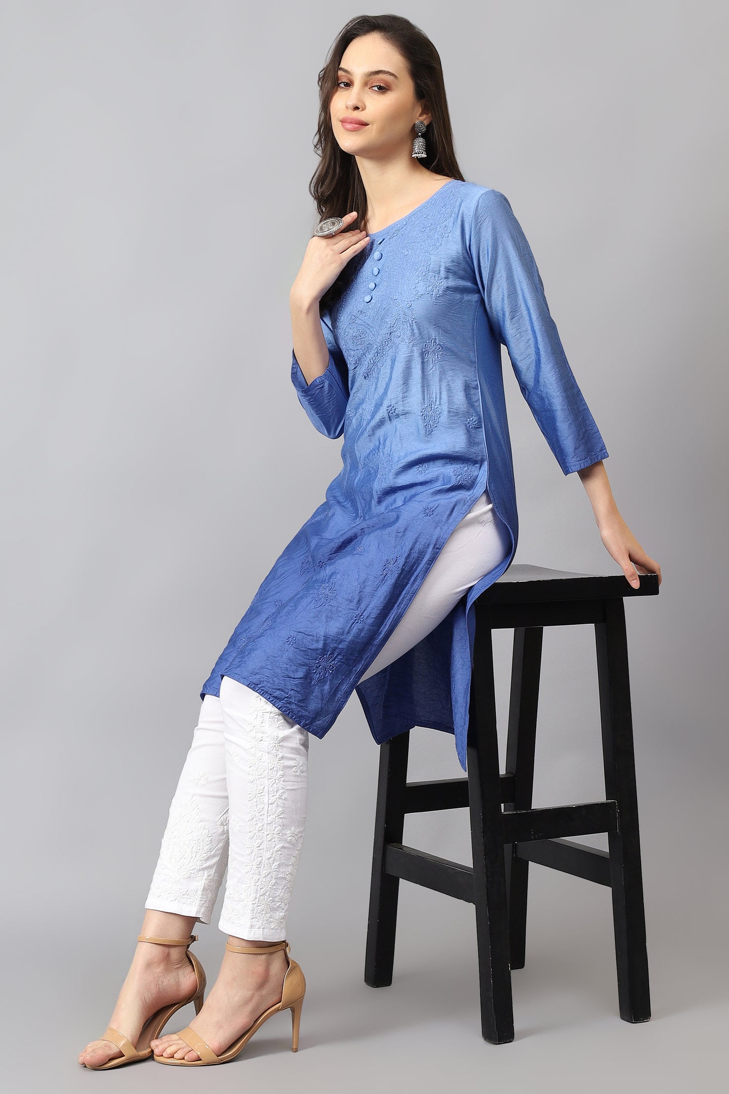 The Chikankari Story Pure Chanderi Embroidery Kurti - Exquisite Fine Embroidery in Ombre Shades of Red, Blue, and Green - Top Selling Elegant Women's Top.