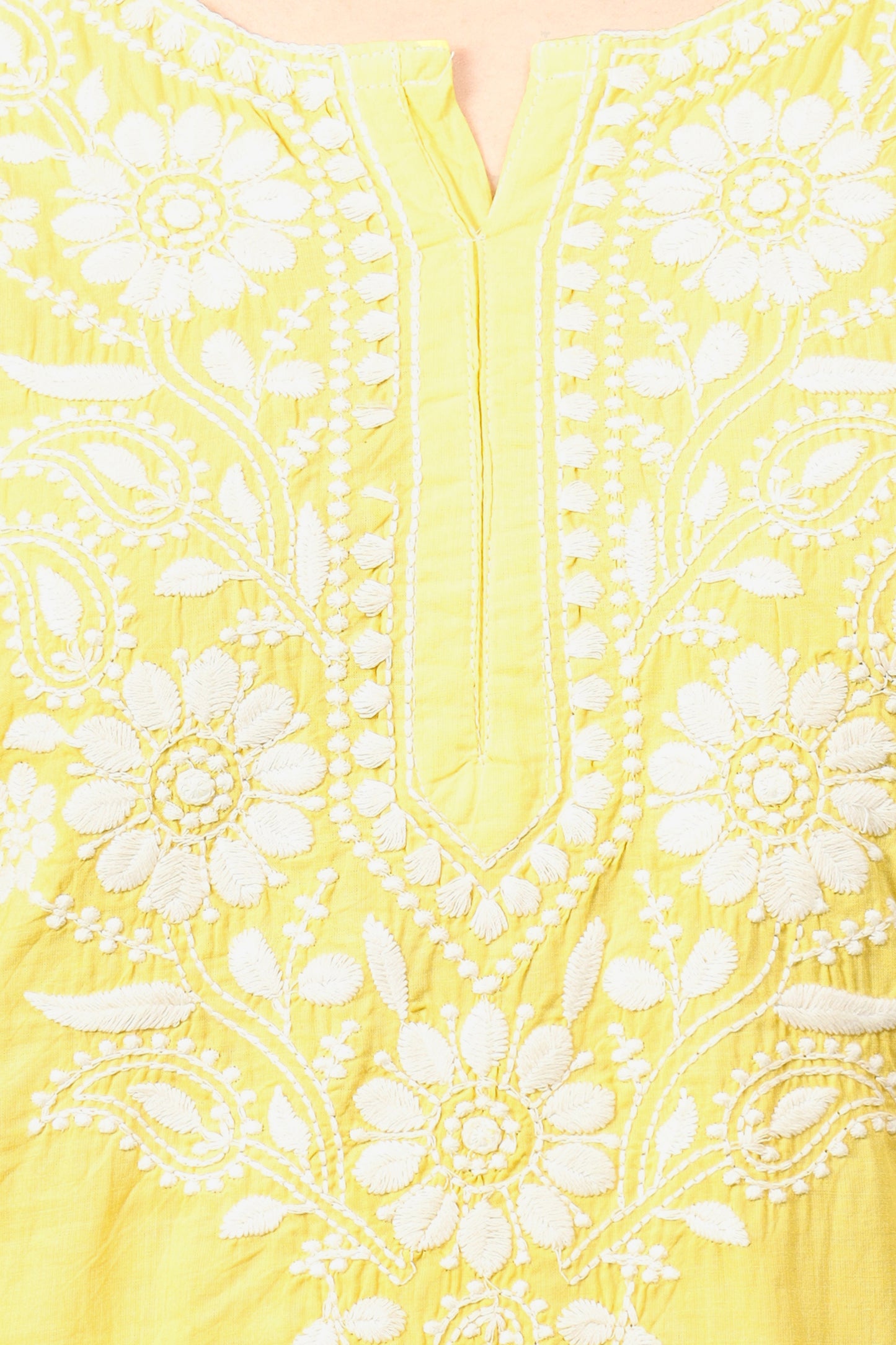 The Chikankari Story Pure Cotton Kurti for Women - Fine Chikan Kari Machine Embroidery in Ombre Shades of Purple, White, Yellow, Pink, and Blue.