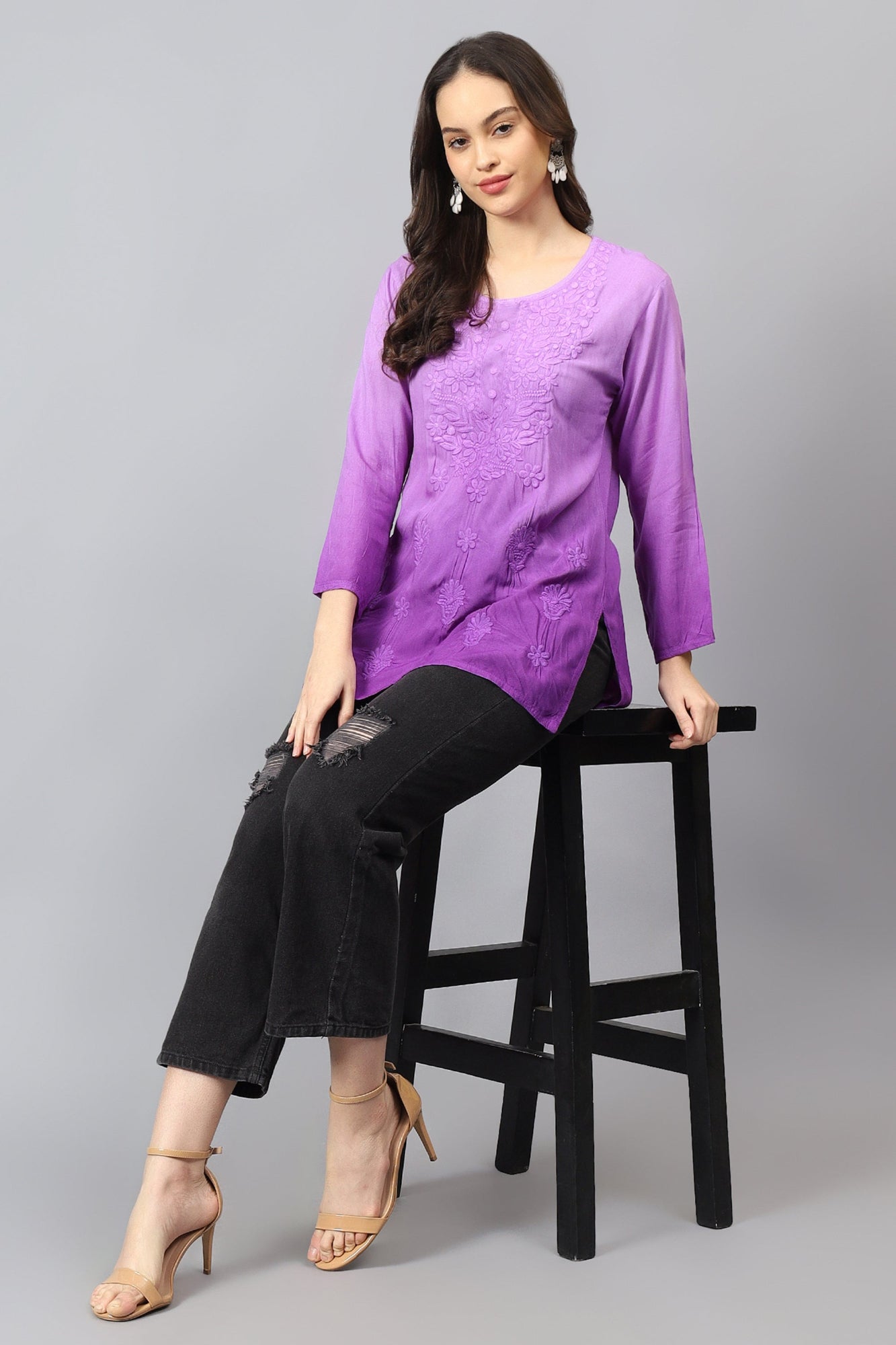 The Chikankari Story: Elegant Rayon Chikankari Kurti with Heavy Neck Embroidery in Red, Purple, Blue, and Green – Short Length, Pre-Dyed Design