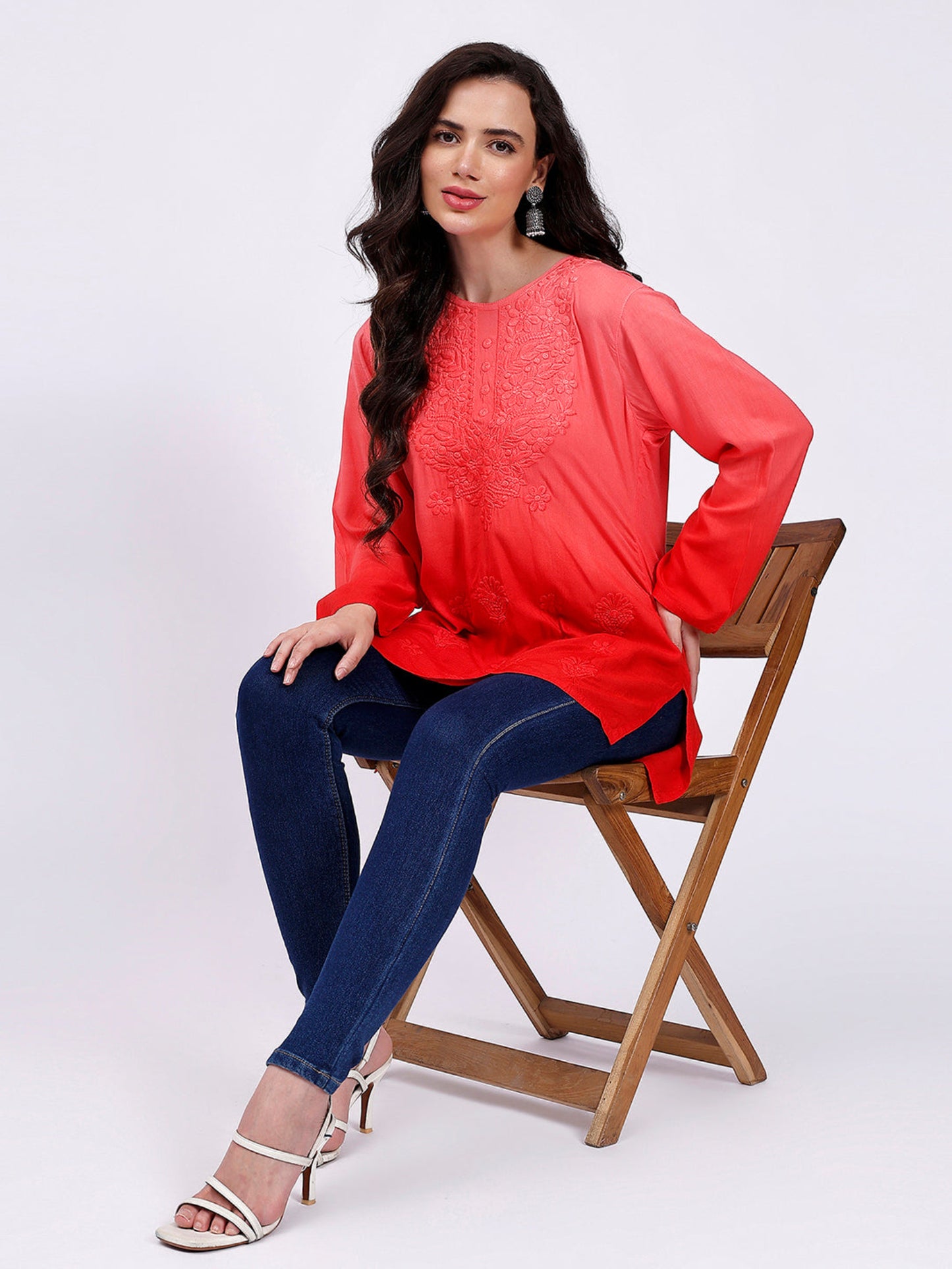 The Chikankari Story: Elegant Rayon Chikankari Kurti with Heavy Neck Embroidery in Red, Purple, Blue, and Green – Short Length, Pre-Dyed Design