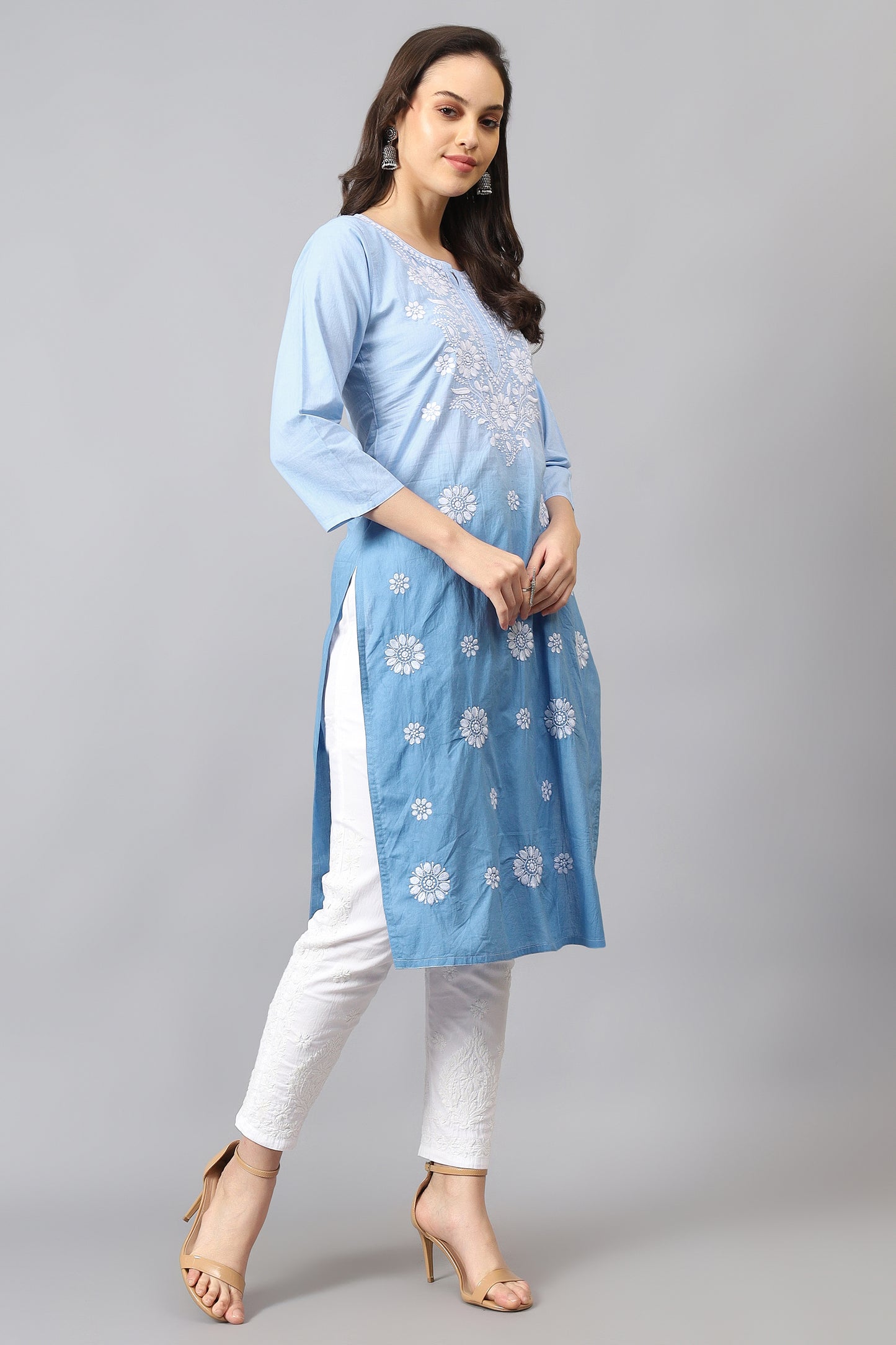 The Chikankari Story Pure Cotton Kurti for Women - Fine Chikan Kari Machine Embroidery in Ombre Shades of Purple, White, Yellow, Pink, and Blue.