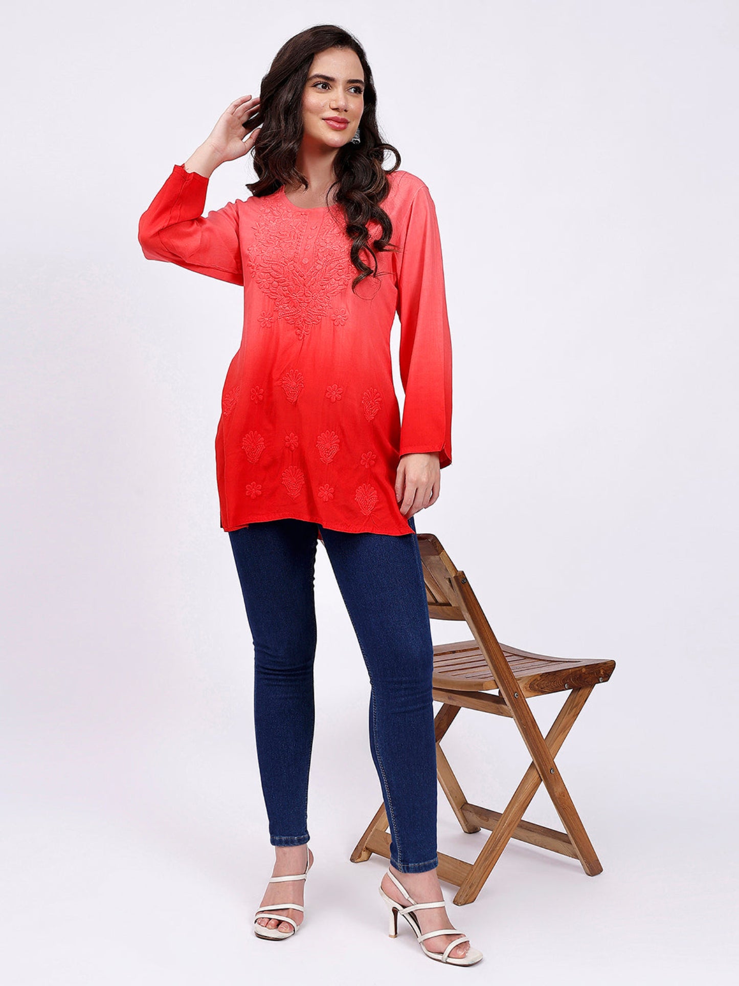 The Chikankari Story: Elegant Rayon Chikankari Kurti with Heavy Neck Embroidery in Red, Purple, Blue, and Green – Short Length, Pre-Dyed Design
