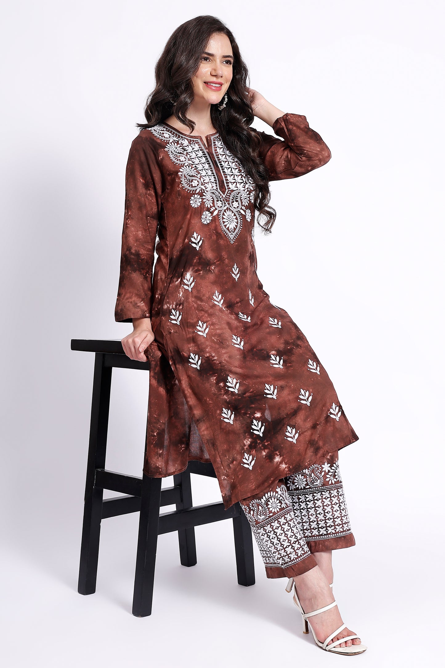 The Chikankari Story Embroidered Rayon Tie-Dyed Chikankari Brown Kurti plazzo set having bollywood 3D Embroidery.