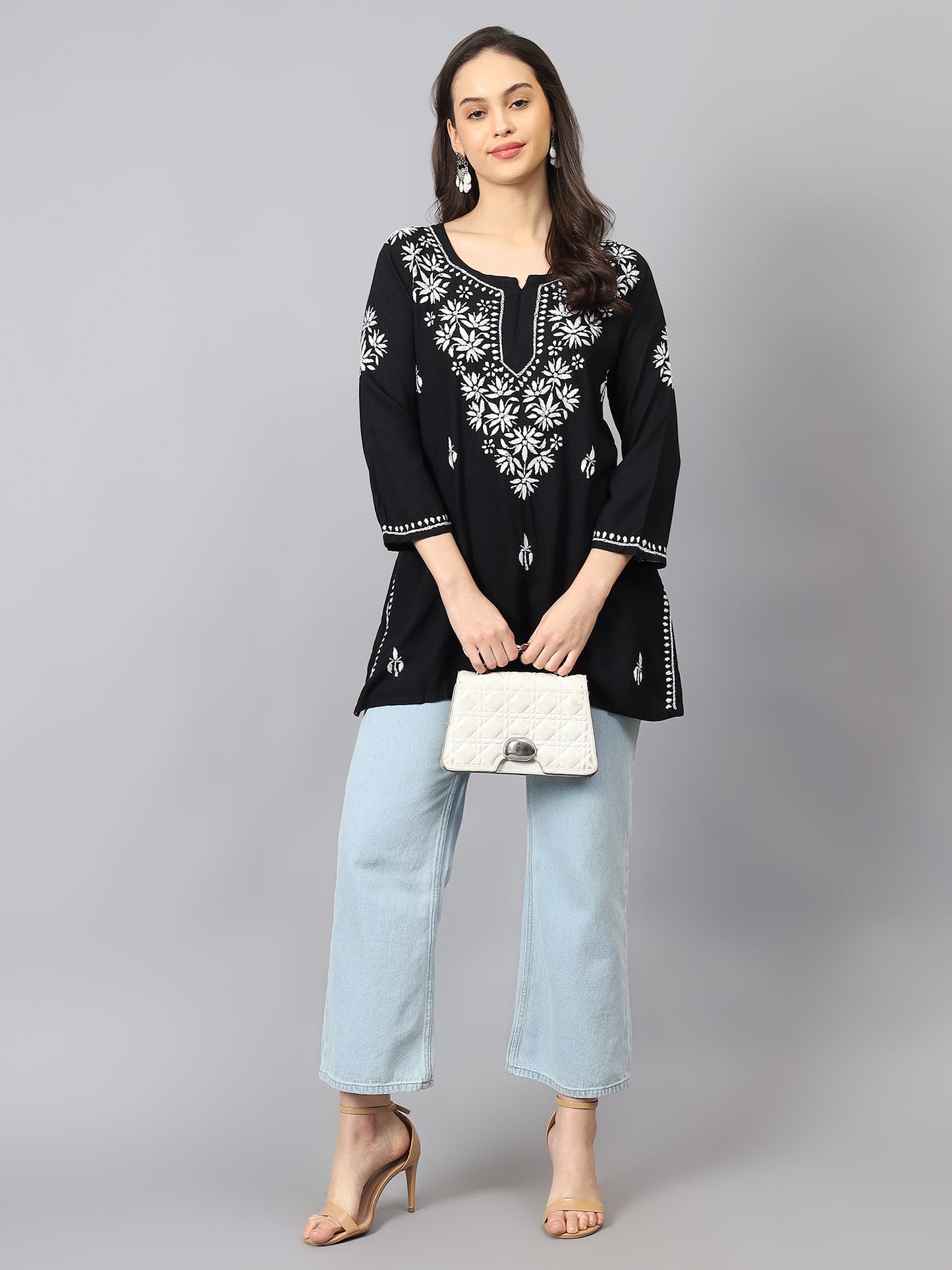 The Chikankari Story: Lucknowi Chikankari Hand Embroidery Cotton Rayon Short Kurti, Kurta, Top, and Tunic Collection in Deep Sea Green, Green Olive, Cool Blue, Black, and Grey