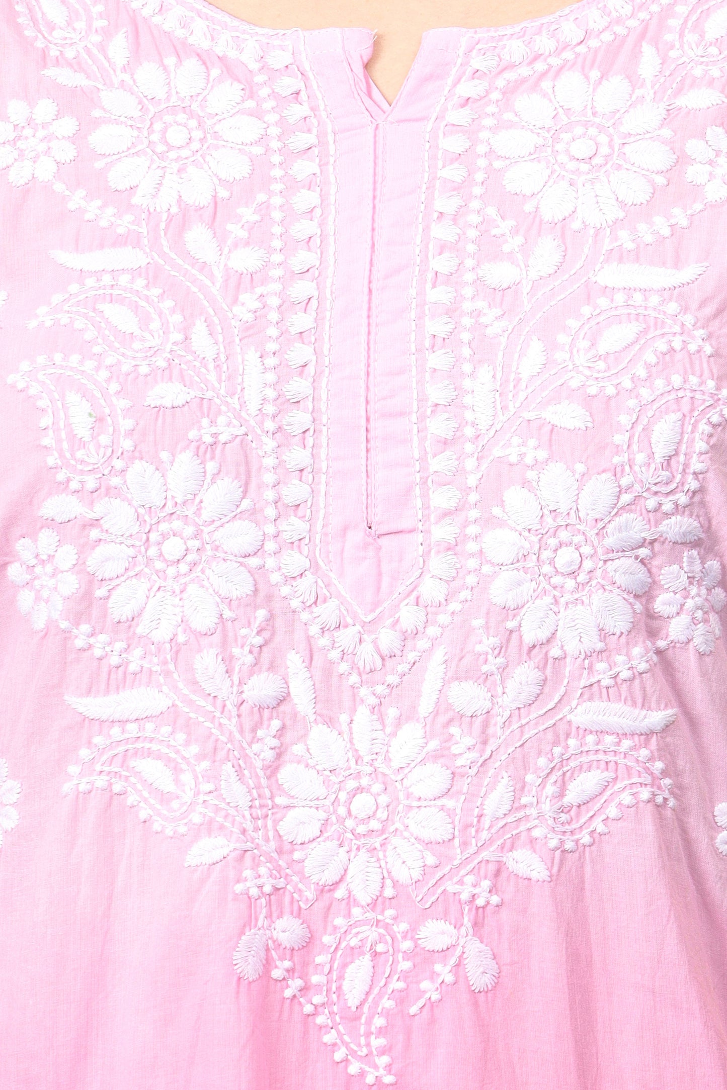 The Chikankari Story Pure Cotton Kurti for Women - Fine Chikan Kari Machine Embroidery in Ombre Shades of Purple, White, Yellow, Pink, and Blue.