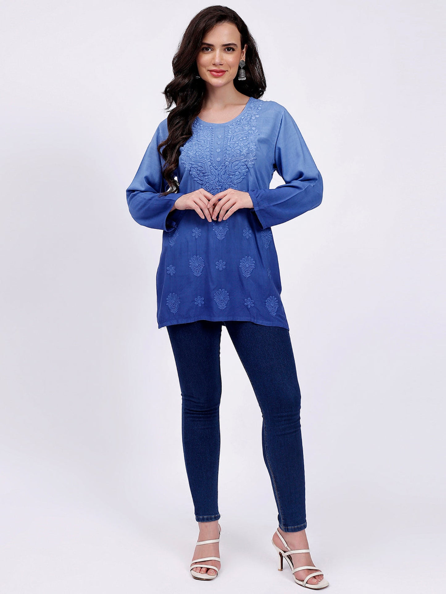 The Chikankari Story: Elegant Rayon Chikankari Kurti with Heavy Neck Embroidery in Red, Purple, Blue, and Green – Short Length, Pre-Dyed Design