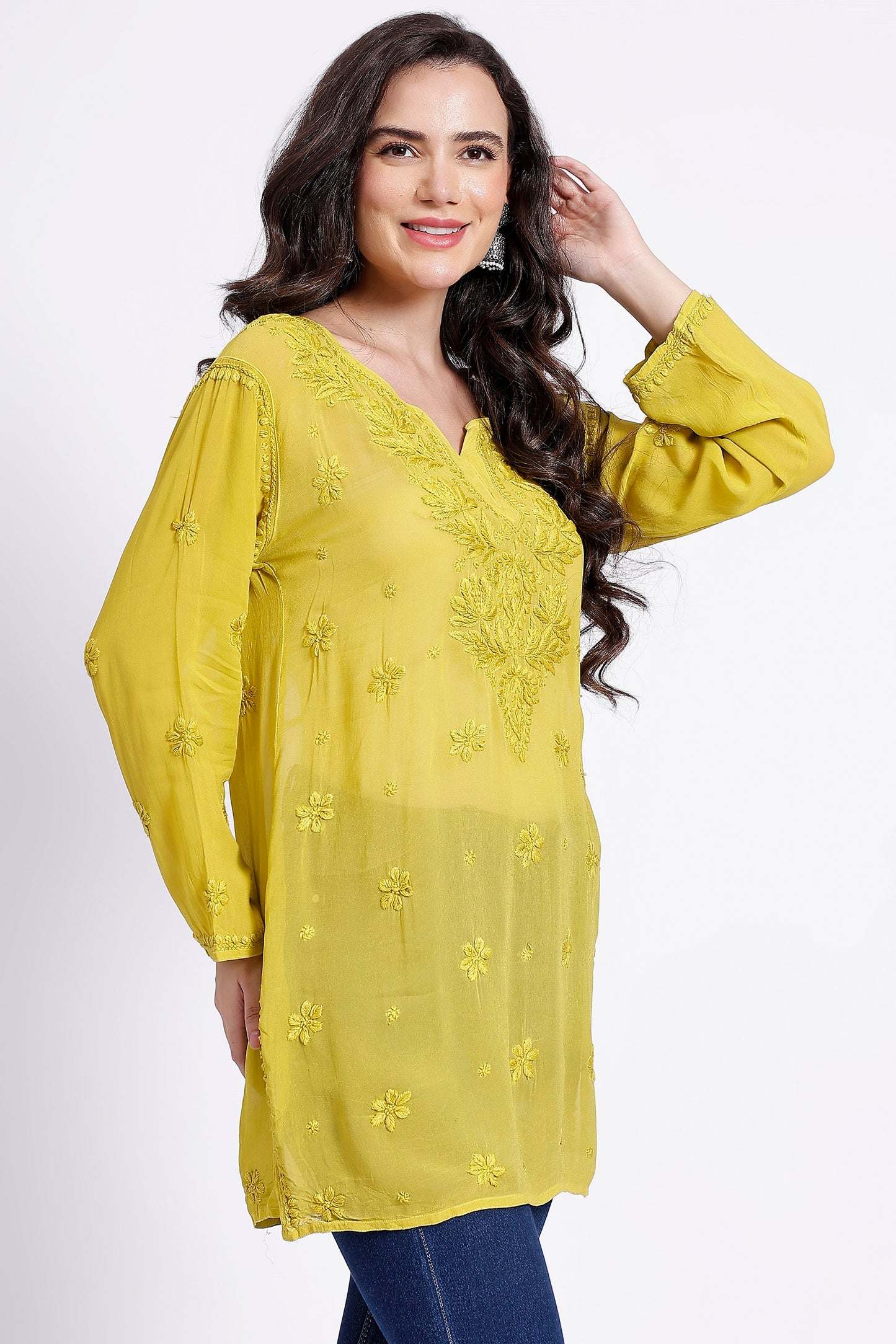 The Chikankari Story: Chic and Comfortable 3D Chikankari Hand-Embroidered Short Top & Kurti in Pure Viscose – Available in Black, Purple, Pink, Sea Green, and Lemon Green