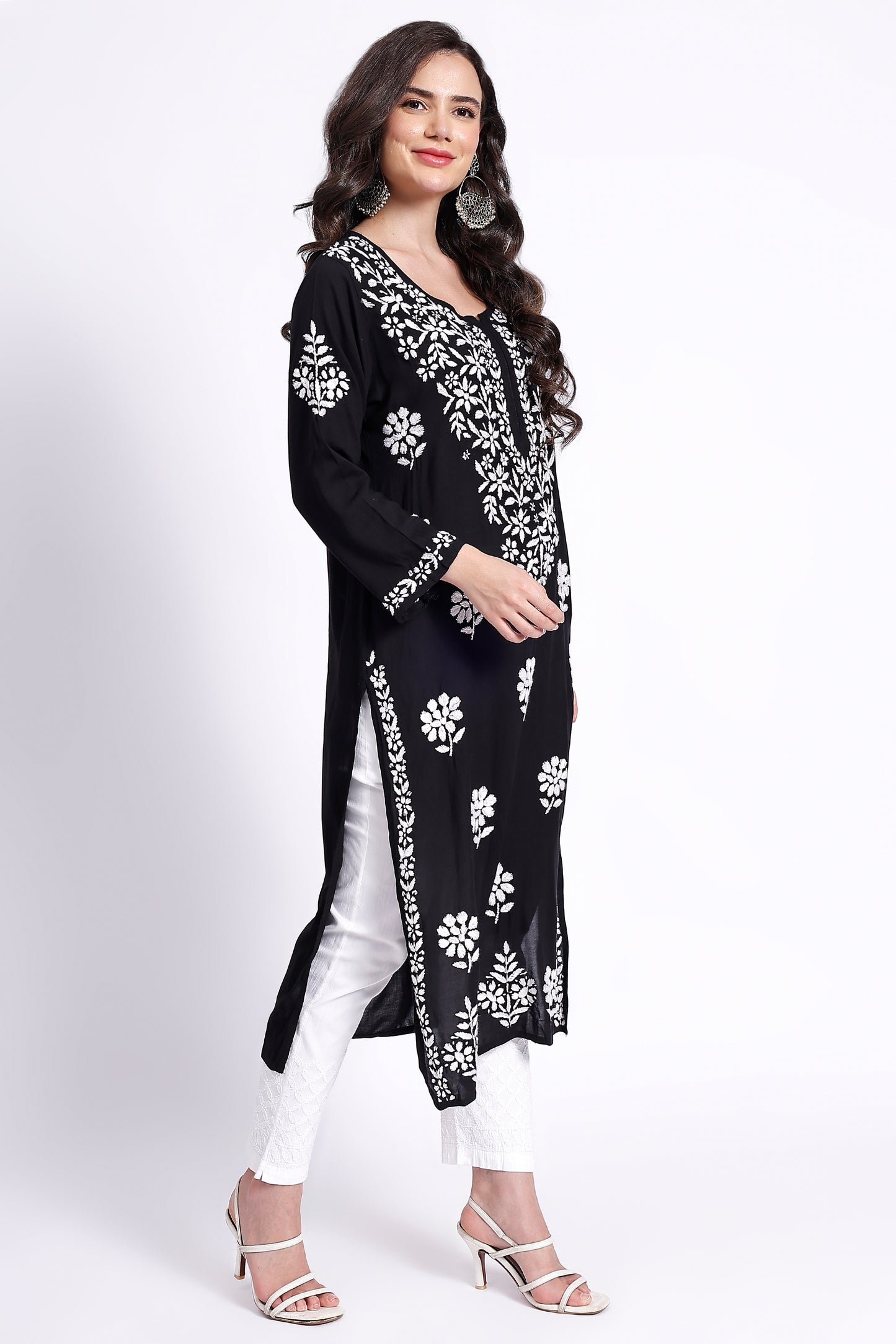 The Chikankari Story Hand-Embroidered Pure Modal Fabric Lucknowi Chikankari Black,Purple and Red Kurta kurti having Traditional 3D Motifs Work.