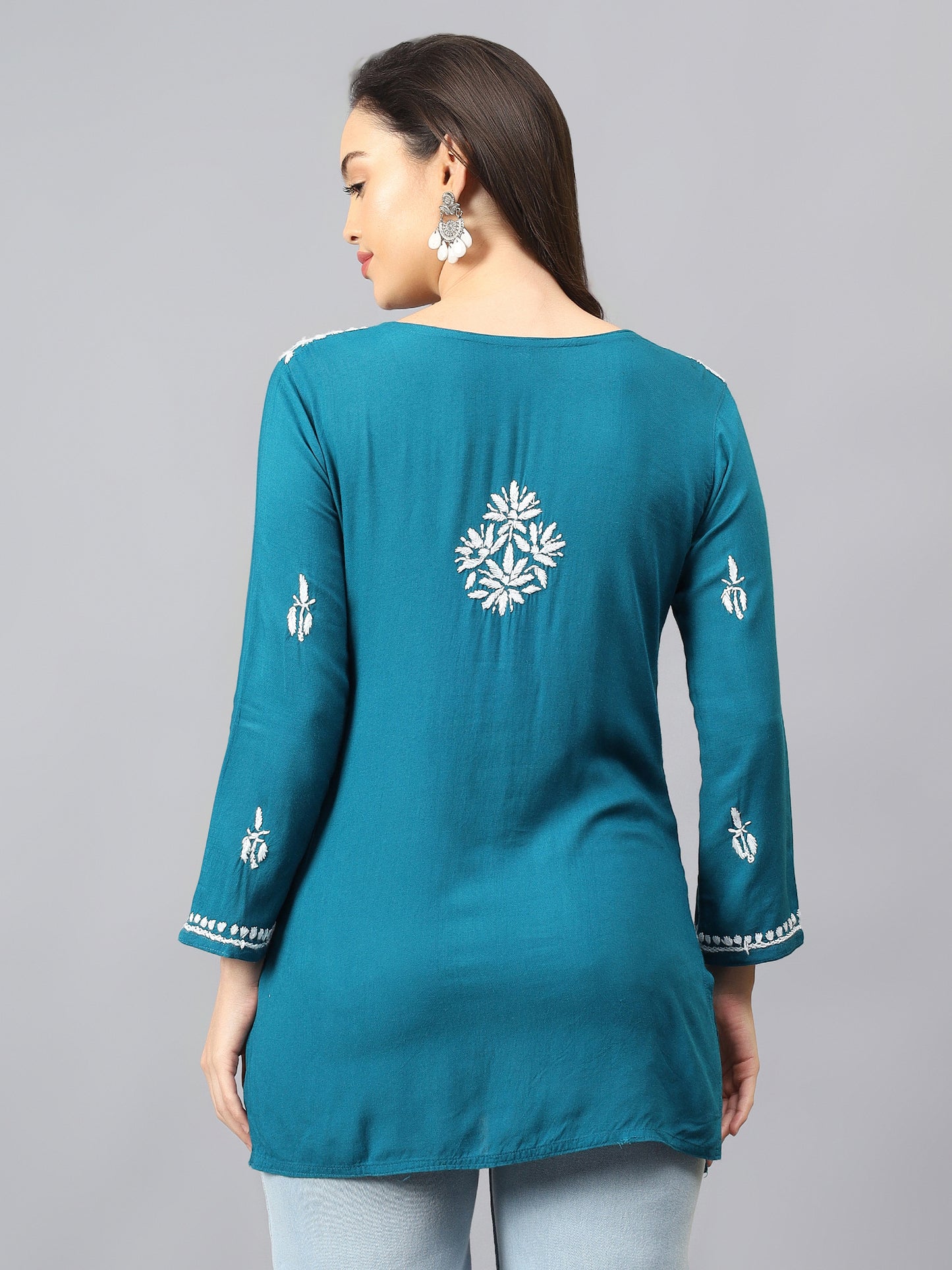 The Chikankari Story: Lucknowi Chikankari Hand Embroidery Cotton Rayon Short Kurti, Kurta, Top, and Tunic Collection in Deep Sea Green, Green Olive, Cool Blue, Black, and Grey