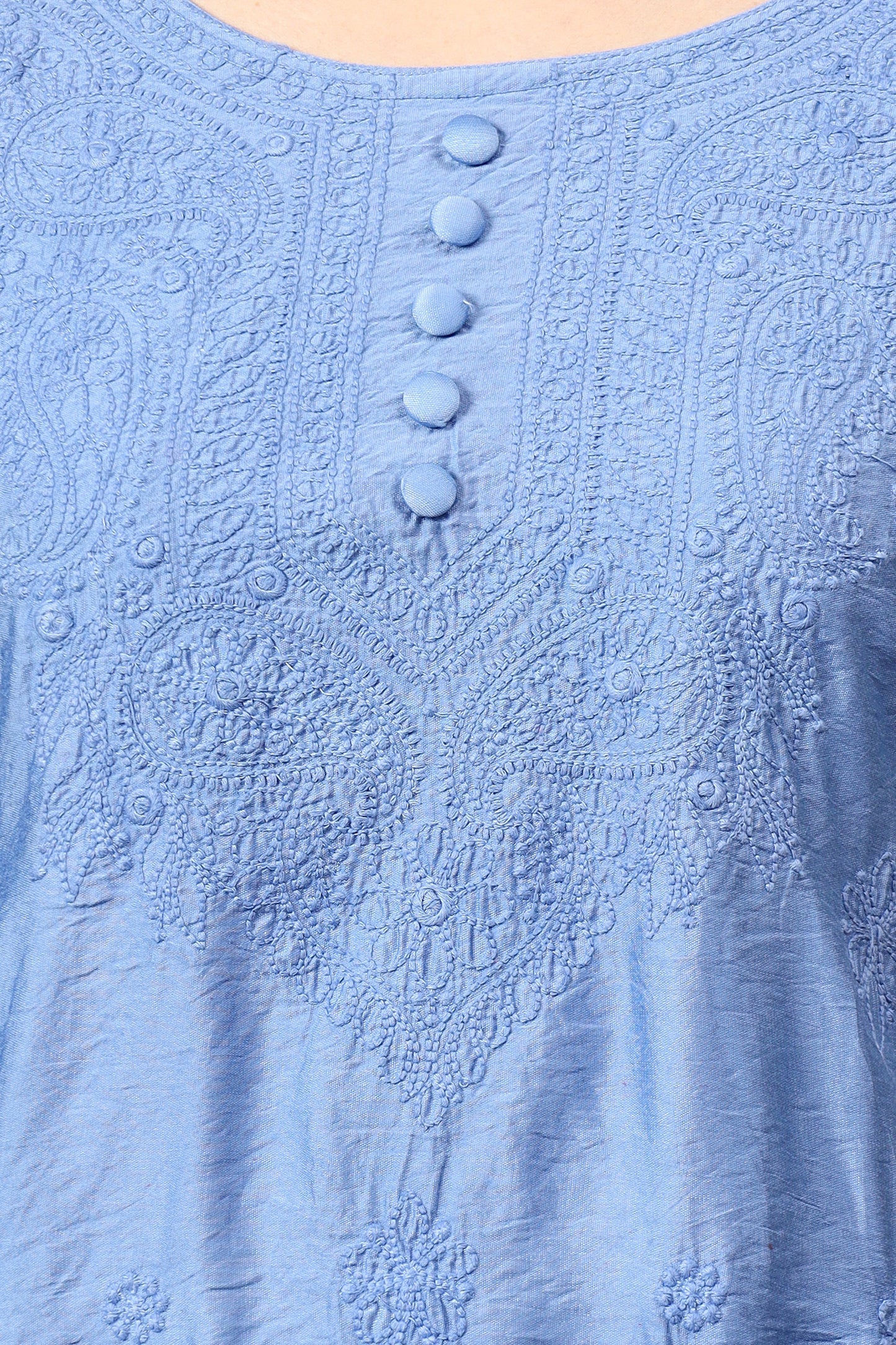 The Chikankari Story Pure Chanderi Embroidery Kurti - Exquisite Fine Embroidery in Ombre Shades of Red, Blue, and Green - Top Selling Elegant Women's Top.