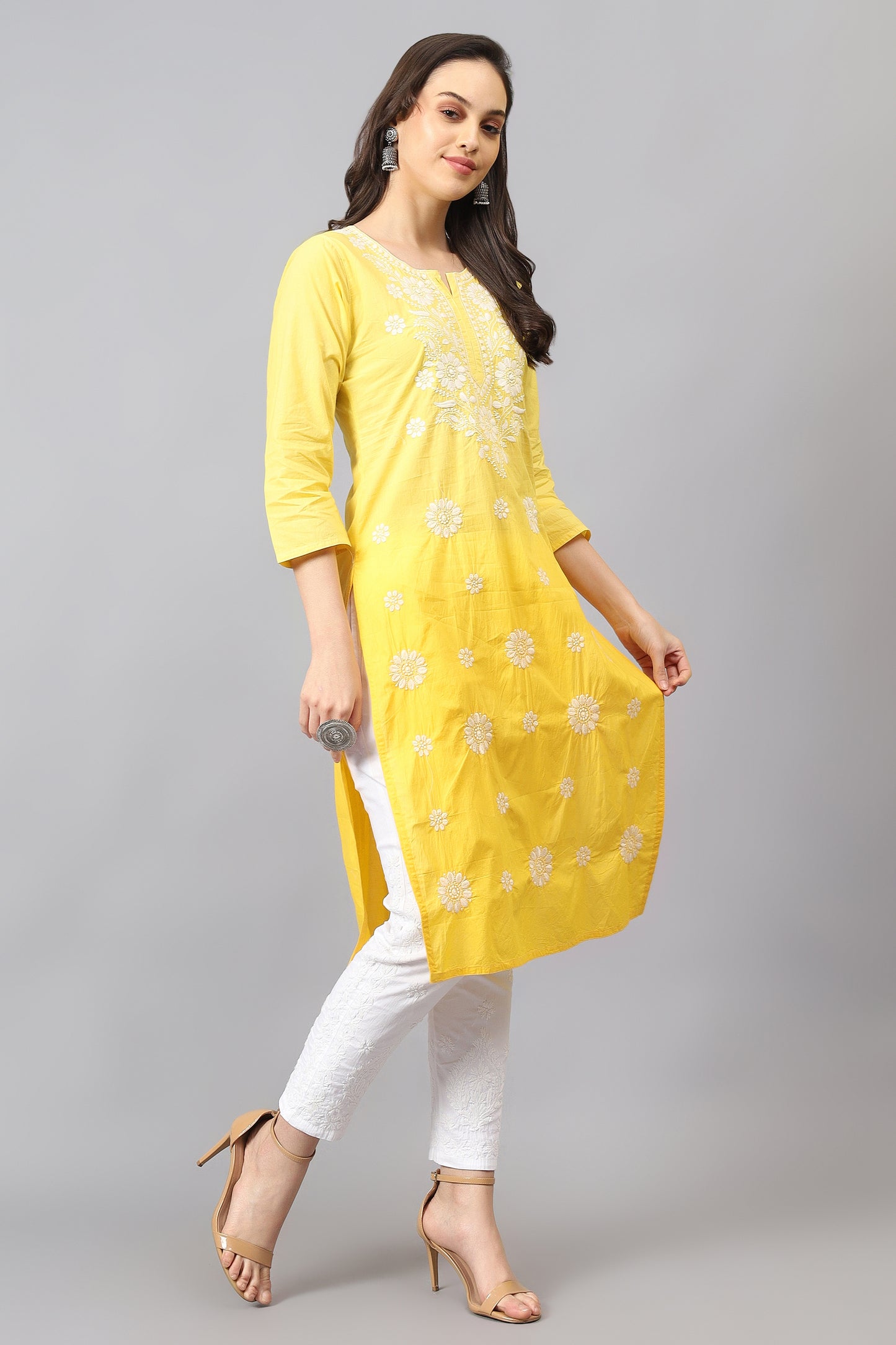 The Chikankari Story Pure Cotton Kurti for Women - Fine Chikan Kari Machine Embroidery in Ombre Shades of Purple, White, Yellow, Pink, and Blue.