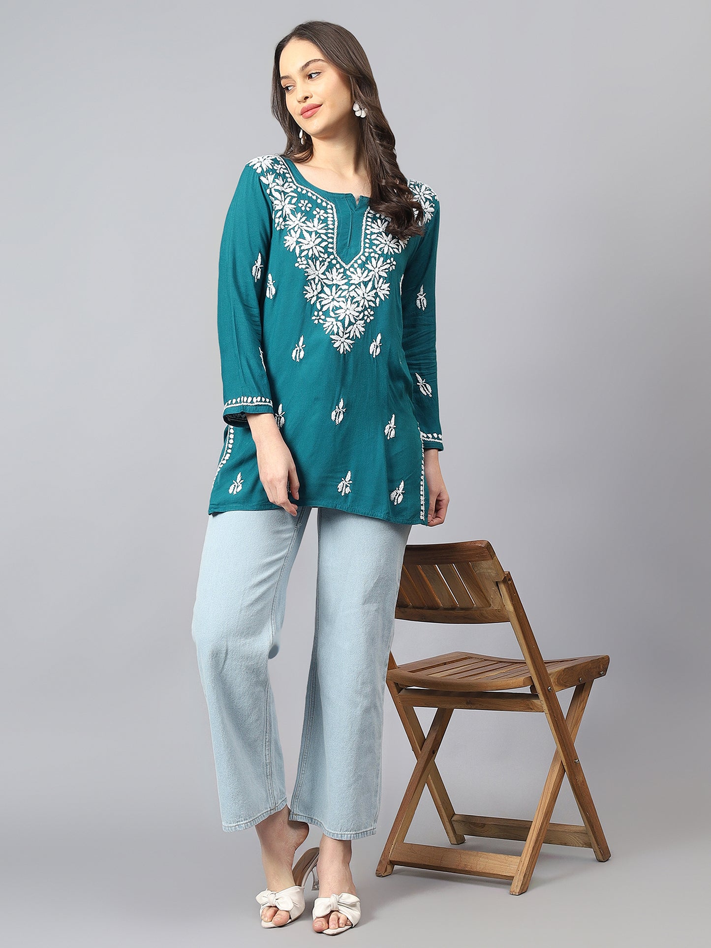 The Chikankari Story: Lucknowi Chikankari Hand Embroidery Cotton Rayon Short Kurti, Kurta, Top, and Tunic Collection in Deep Sea Green, Green Olive, Cool Blue, Black, and Grey