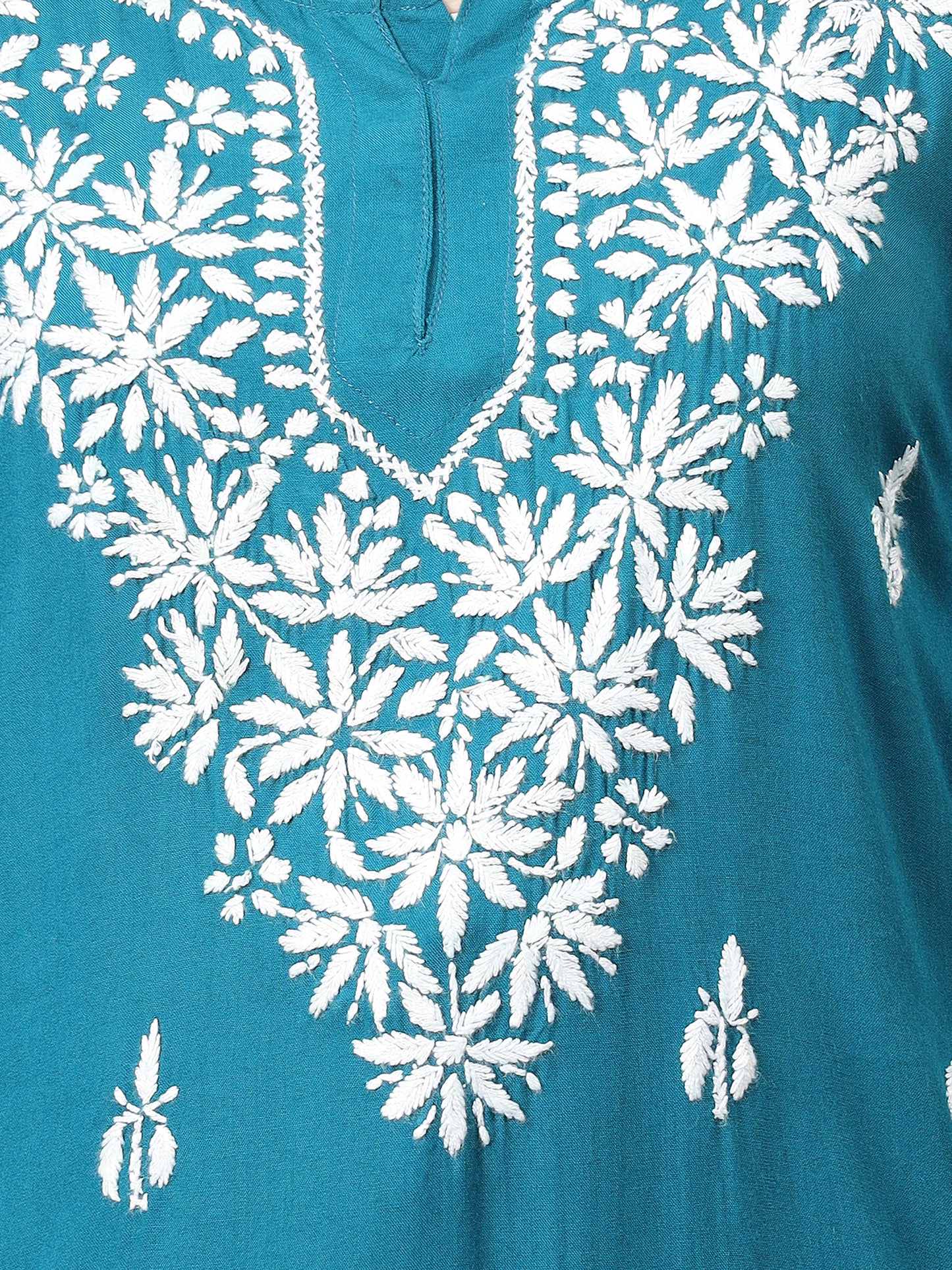 The Chikankari Story: Lucknowi Chikankari Hand Embroidery Cotton Rayon Short Kurti, Kurta, Top, and Tunic Collection in Deep Sea Green, Green Olive, Cool Blue, Black, and Grey