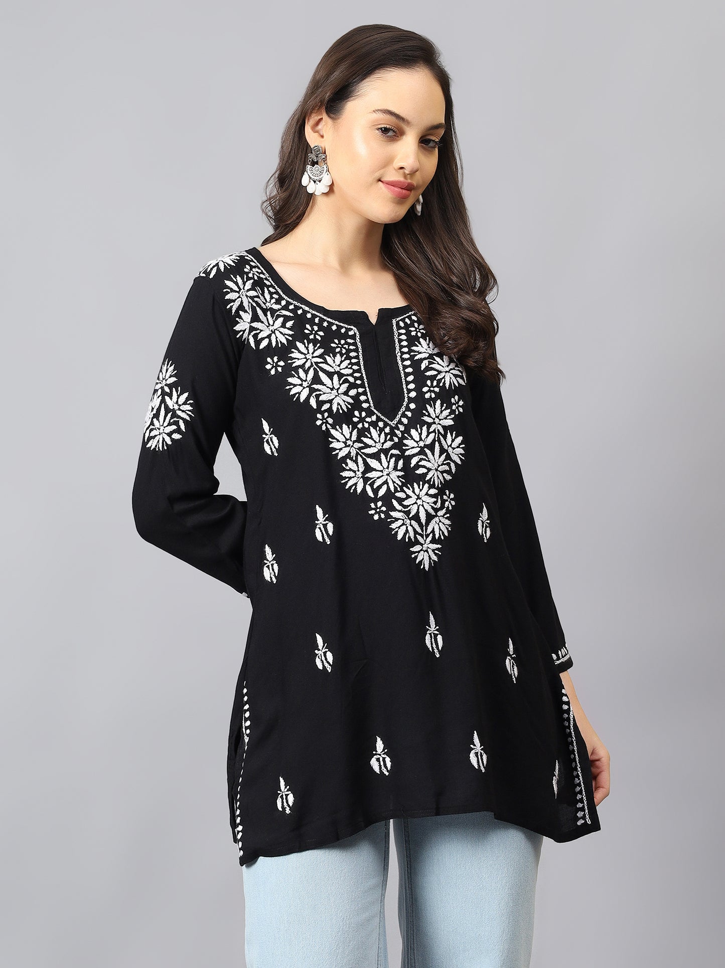 The Chikankari Story: Lucknowi Chikankari Hand Embroidery Cotton Rayon Short Kurti, Kurta, Top, and Tunic Collection in Deep Sea Green, Green Olive, Cool Blue, Black, and Grey