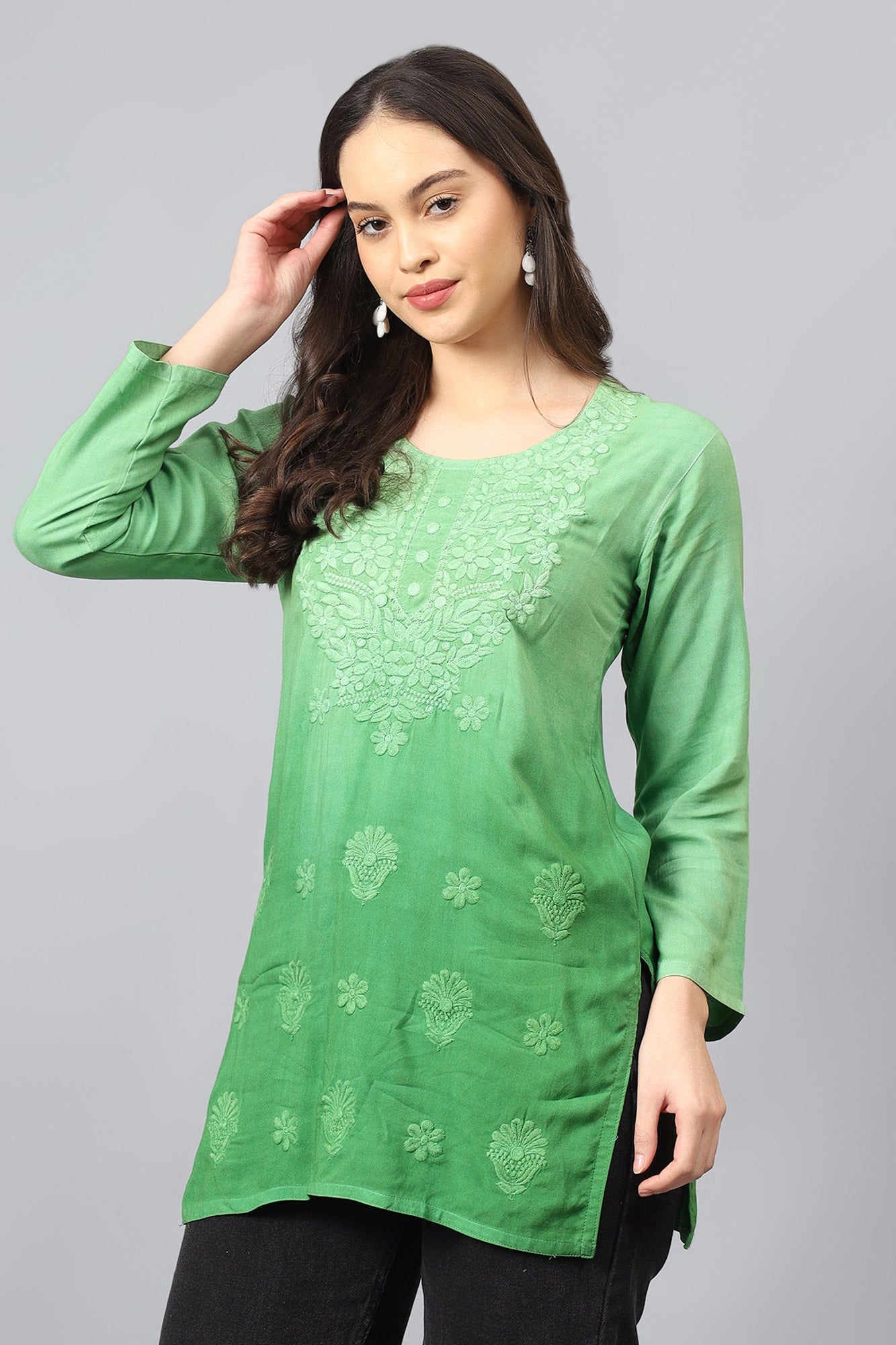 The Chikankari Story: Elegant Rayon Chikankari Kurti with Heavy Neck Embroidery in Red, Purple, Blue, and Green – Short Length, Pre-Dyed Design