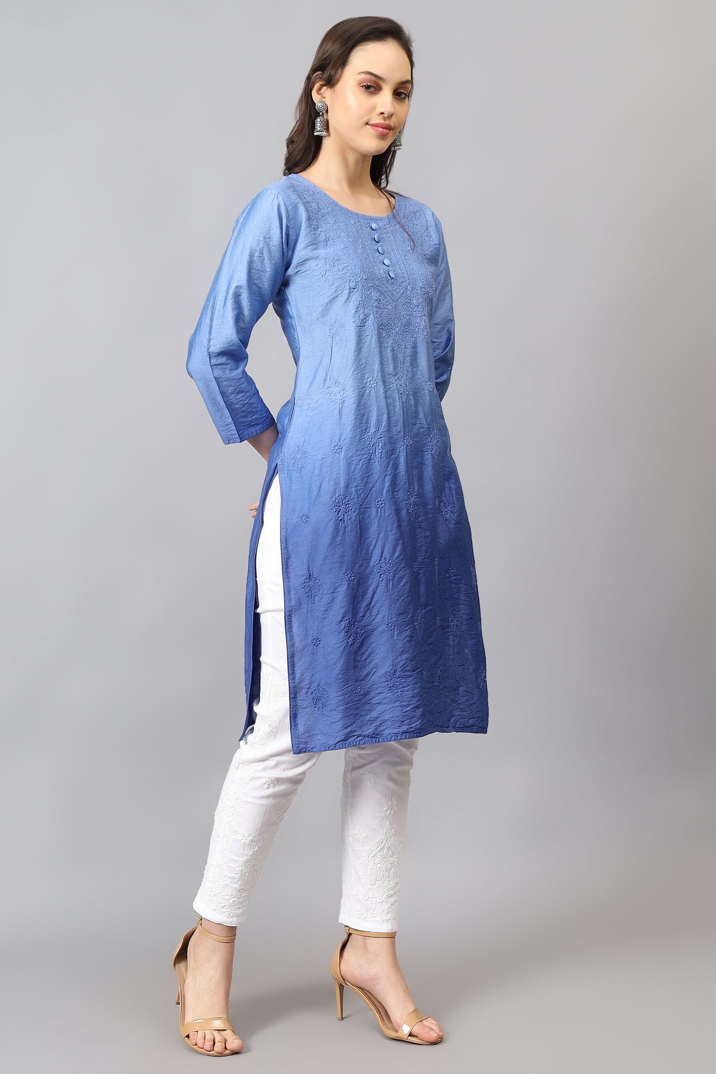 The Chikankari Story Pure Chanderi Embroidery Kurti - Exquisite Fine Embroidery in Ombre Shades of Red, Blue, and Green - Top Selling Elegant Women's Top.