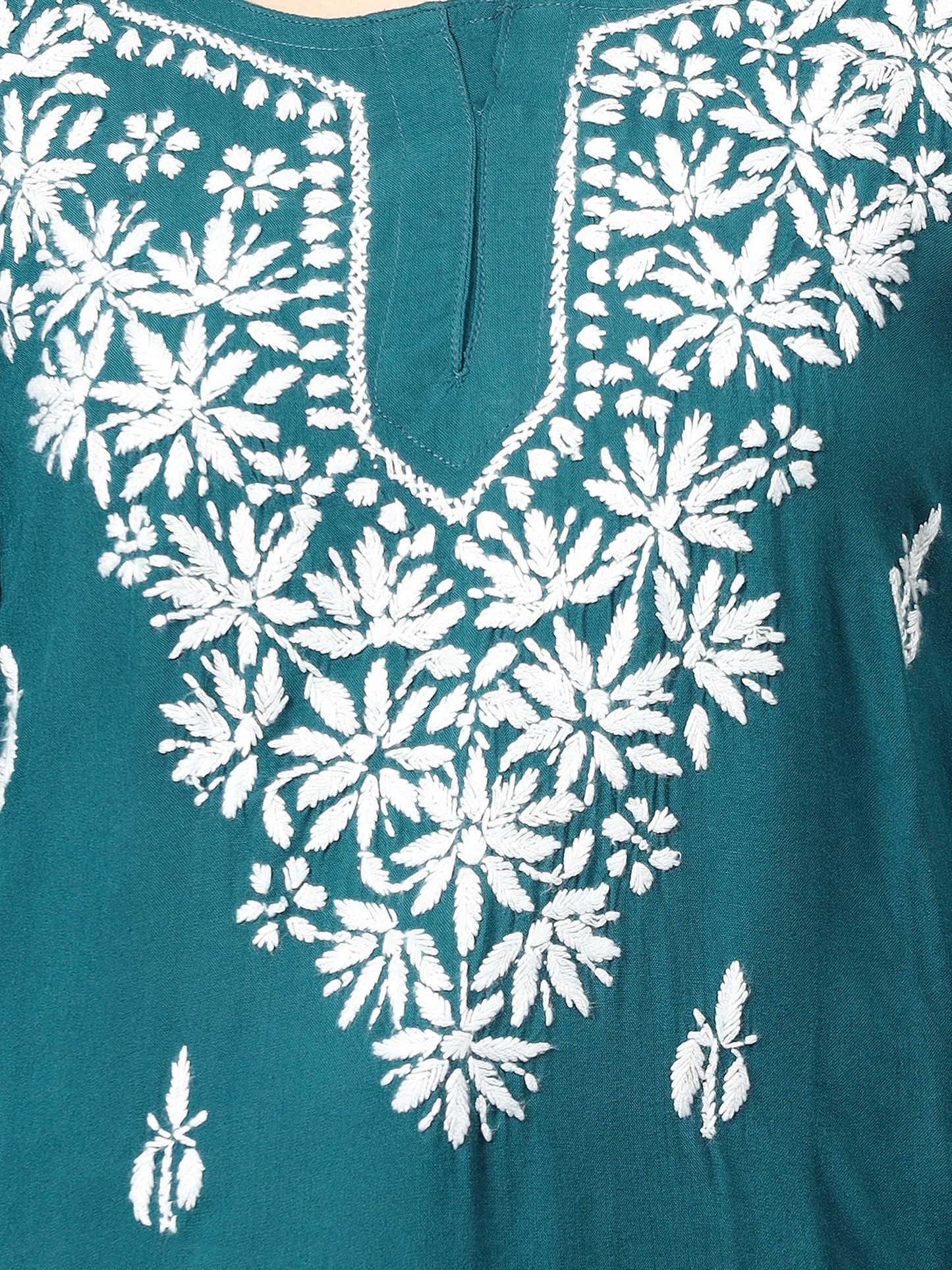The Chikankari Story: Lucknowi Chikankari Hand Embroidery Cotton Rayon Short Kurti, Kurta, Top, and Tunic Collection in Deep Sea Green, Green Olive, Cool Blue, Black, and Grey