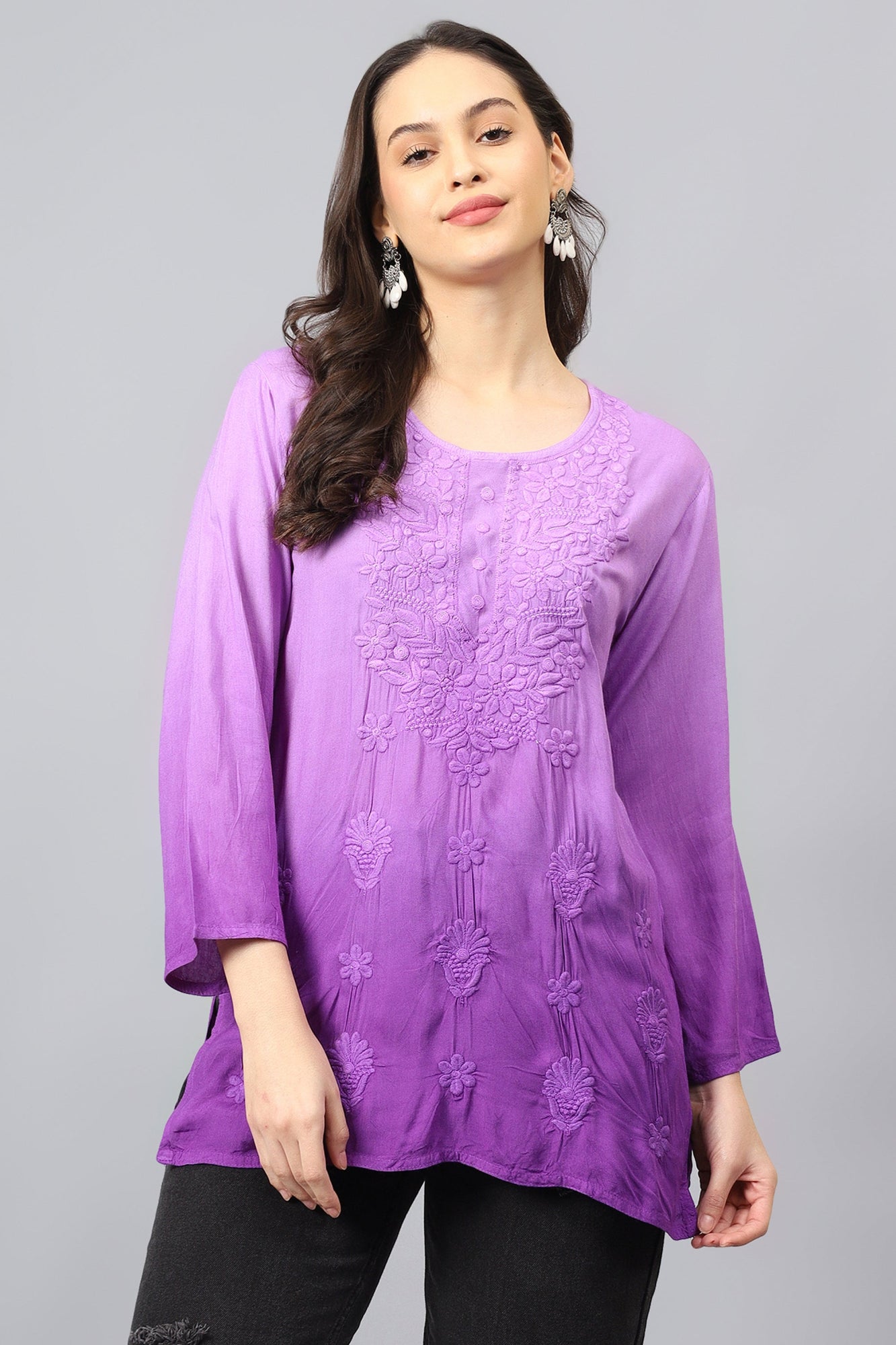 The Chikankari Story: Elegant Rayon Chikankari Kurti with Heavy Neck Embroidery in Red, Purple, Blue, and Green – Short Length, Pre-Dyed Design