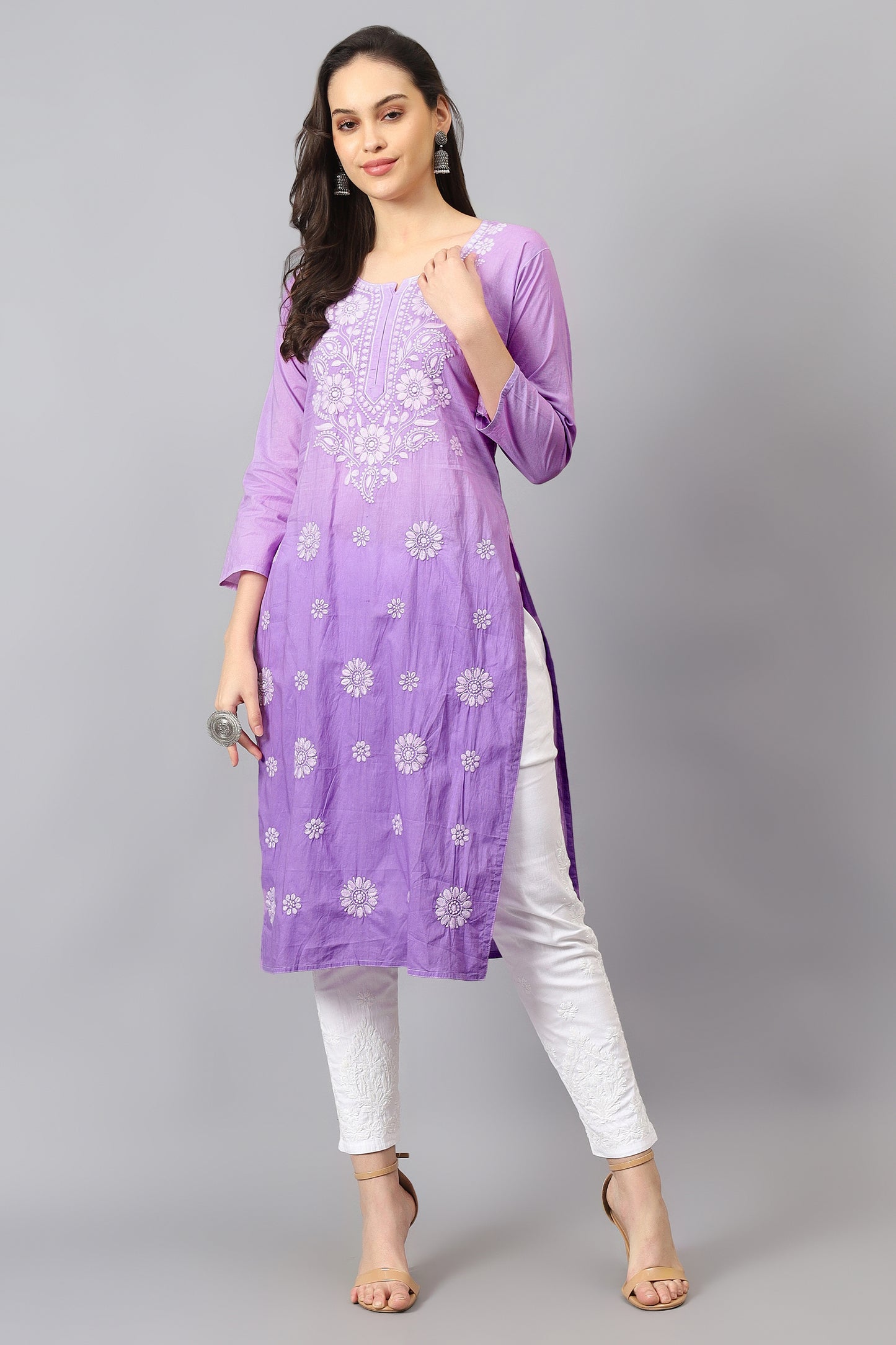 The Chikankari Story Pure Cotton Kurti for Women - Fine Chikan Kari Machine Embroidery in Ombre Shades of Purple, White, Yellow, Pink, and Blue.