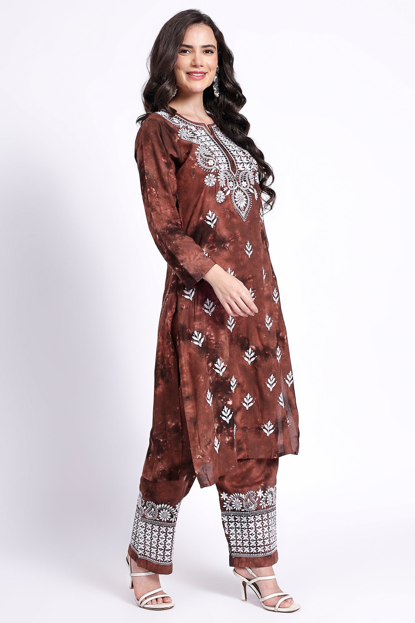 The Chikankari Story Embroidered Rayon Tie-Dyed Chikankari Brown Kurti plazzo set having bollywood 3D Embroidery.