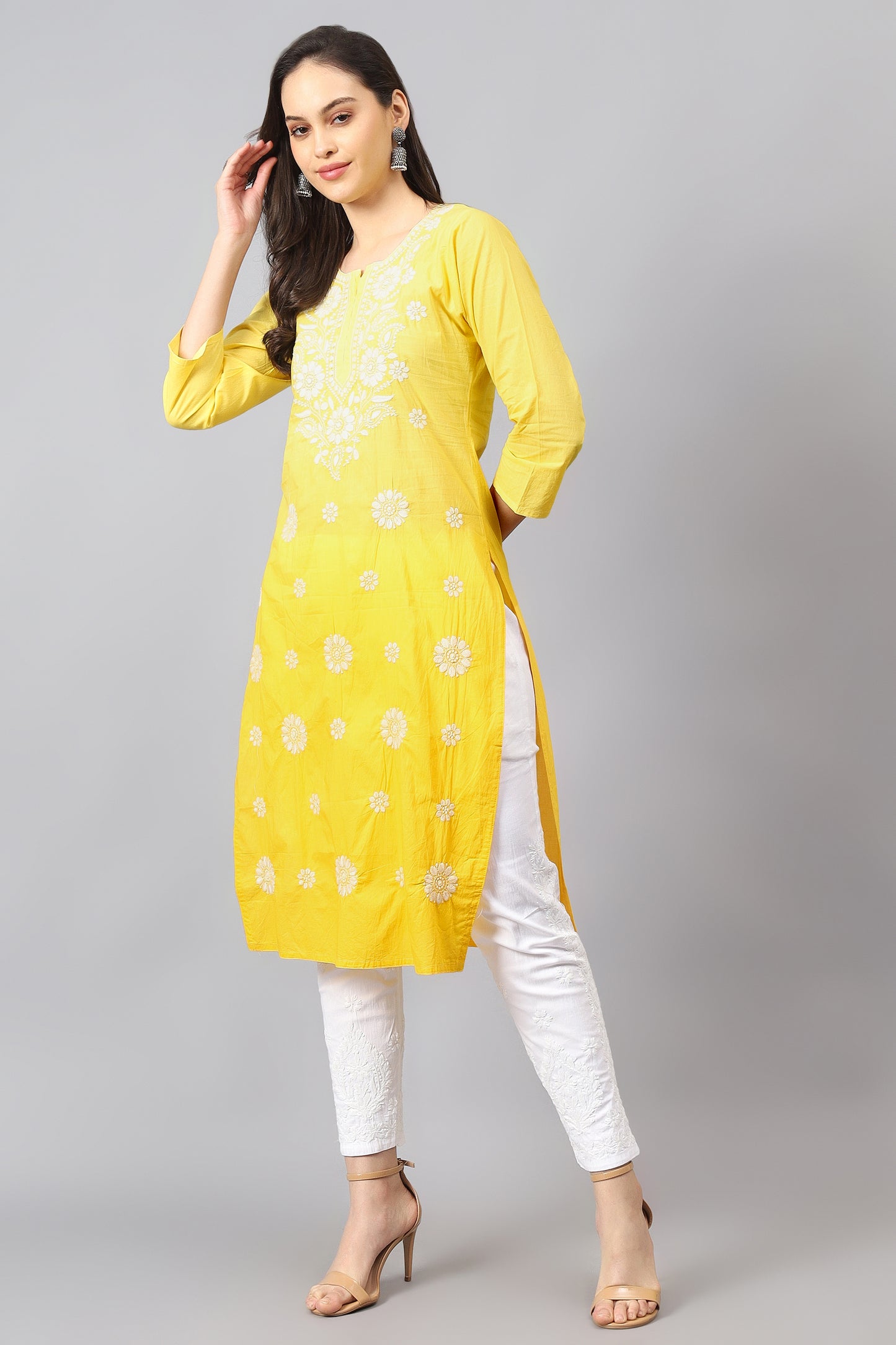 The Chikankari Story Pure Cotton Kurti for Women - Fine Chikan Kari Machine Embroidery in Ombre Shades of Purple, White, Yellow, Pink, and Blue.