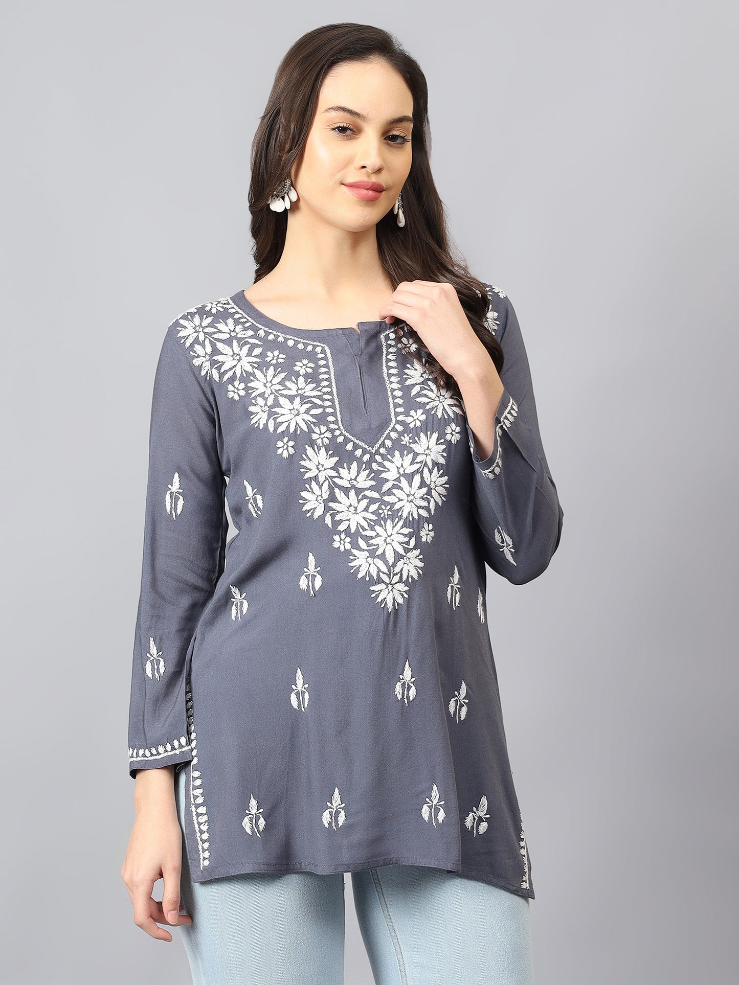 The Chikankari Story: Lucknowi Chikankari Hand Embroidery Cotton Rayon Short Kurti, Kurta, Top, and Tunic Collection in Deep Sea Green, Green Olive, Cool Blue, Black, and Grey