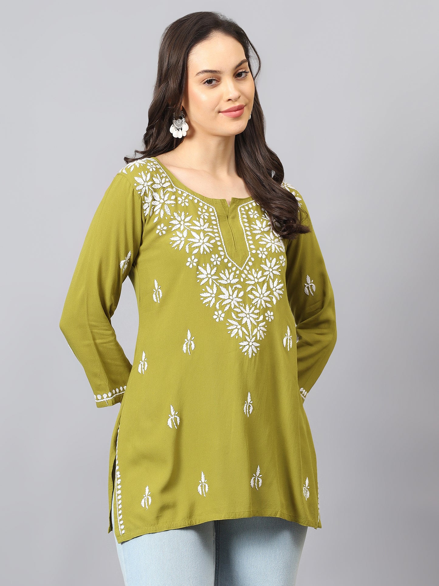 The Chikankari Story: Lucknowi Chikankari Hand Embroidery Cotton Rayon Short Kurti, Kurta, Top, and Tunic Collection in Deep Sea Green, Green Olive, Cool Blue, Black, and Grey