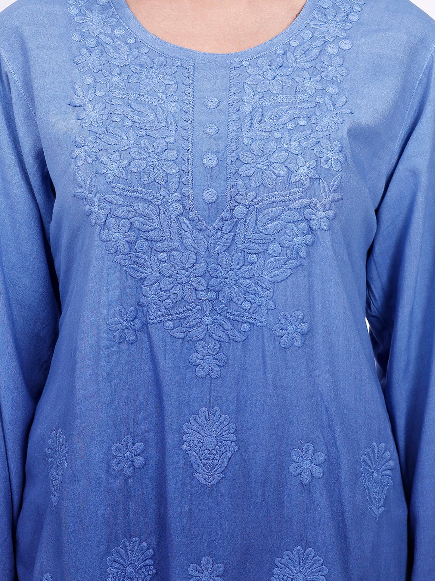The Chikankari Story: Elegant Rayon Chikankari Kurti with Heavy Neck Embroidery in Red, Purple, Blue, and Green – Short Length, Pre-Dyed Design