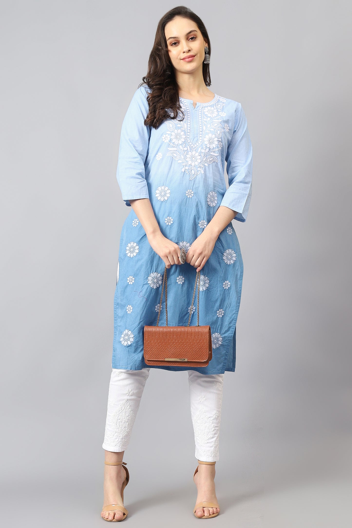 The Chikankari Story Pure Cotton Kurti for Women - Fine Chikan Kari Machine Embroidery in Ombre Shades of Purple, White, Yellow, Pink, and Blue.