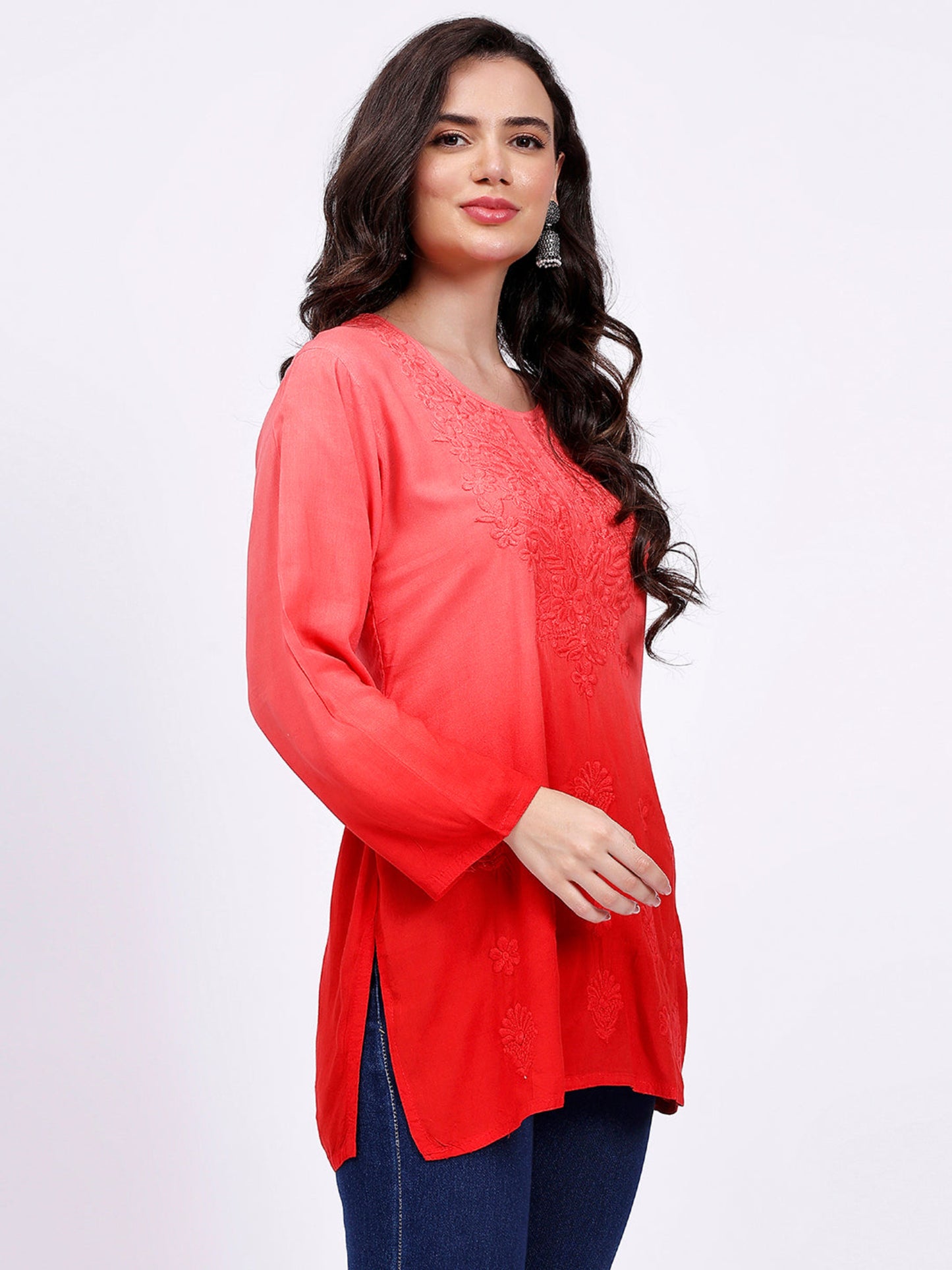 The Chikankari Story: Elegant Rayon Chikankari Kurti with Heavy Neck Embroidery in Red, Purple, Blue, and Green – Short Length, Pre-Dyed Design