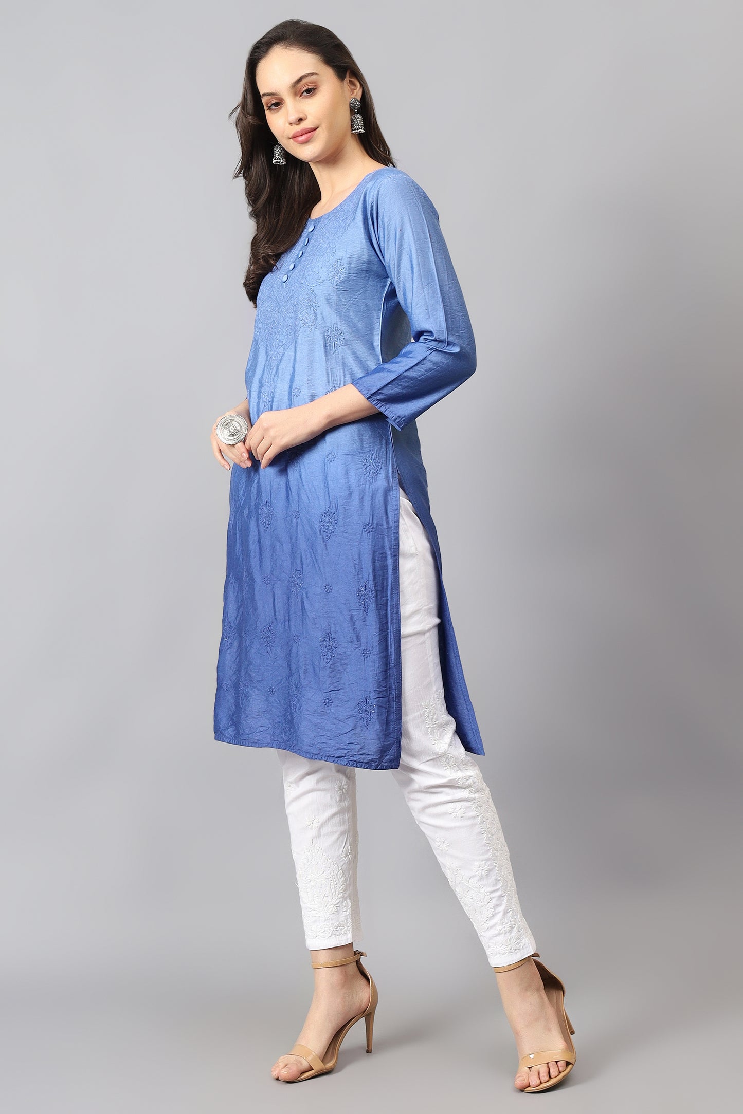 The Chikankari Story Pure Chanderi Embroidery Kurti - Exquisite Fine Embroidery in Ombre Shades of Red, Blue, and Green - Top Selling Elegant Women's Top.