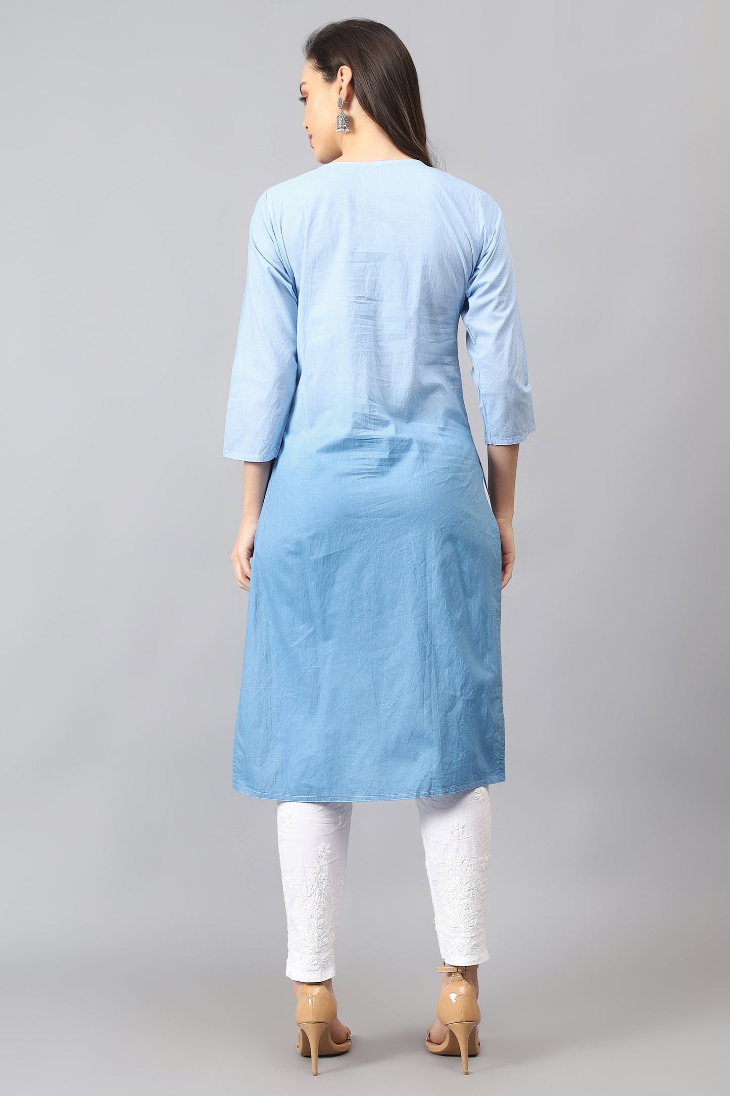 The Chikankari Story Pure Cotton Kurti for Women - Fine Chikan Kari Machine Embroidery in Ombre Shades of Purple, White, Yellow, Pink, and Blue.