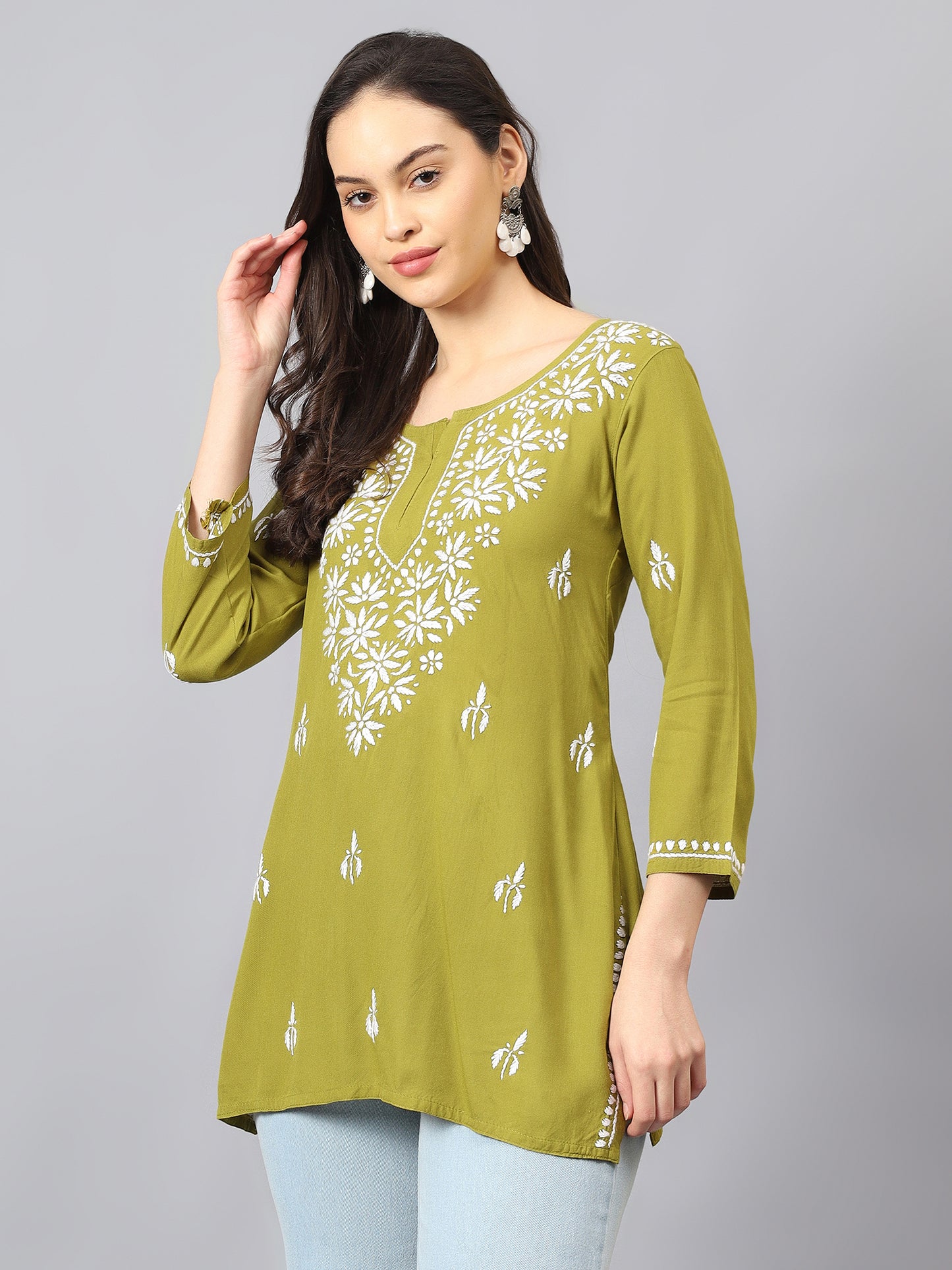 The Chikankari Story: Lucknowi Chikankari Hand Embroidery Cotton Rayon Short Kurti, Kurta, Top, and Tunic Collection in Deep Sea Green, Green Olive, Cool Blue, Black, and Grey