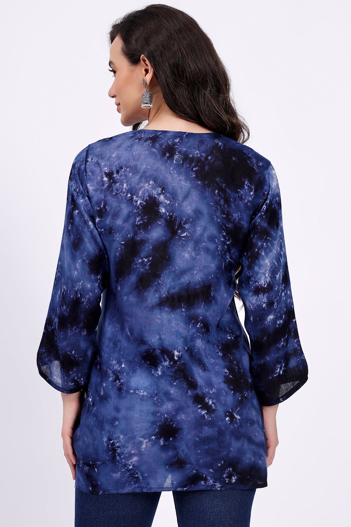 The Chikankari Story Embroidered Rayon Tie-Dyed Chikankari Blue short Kurti with 3D Embroidery.