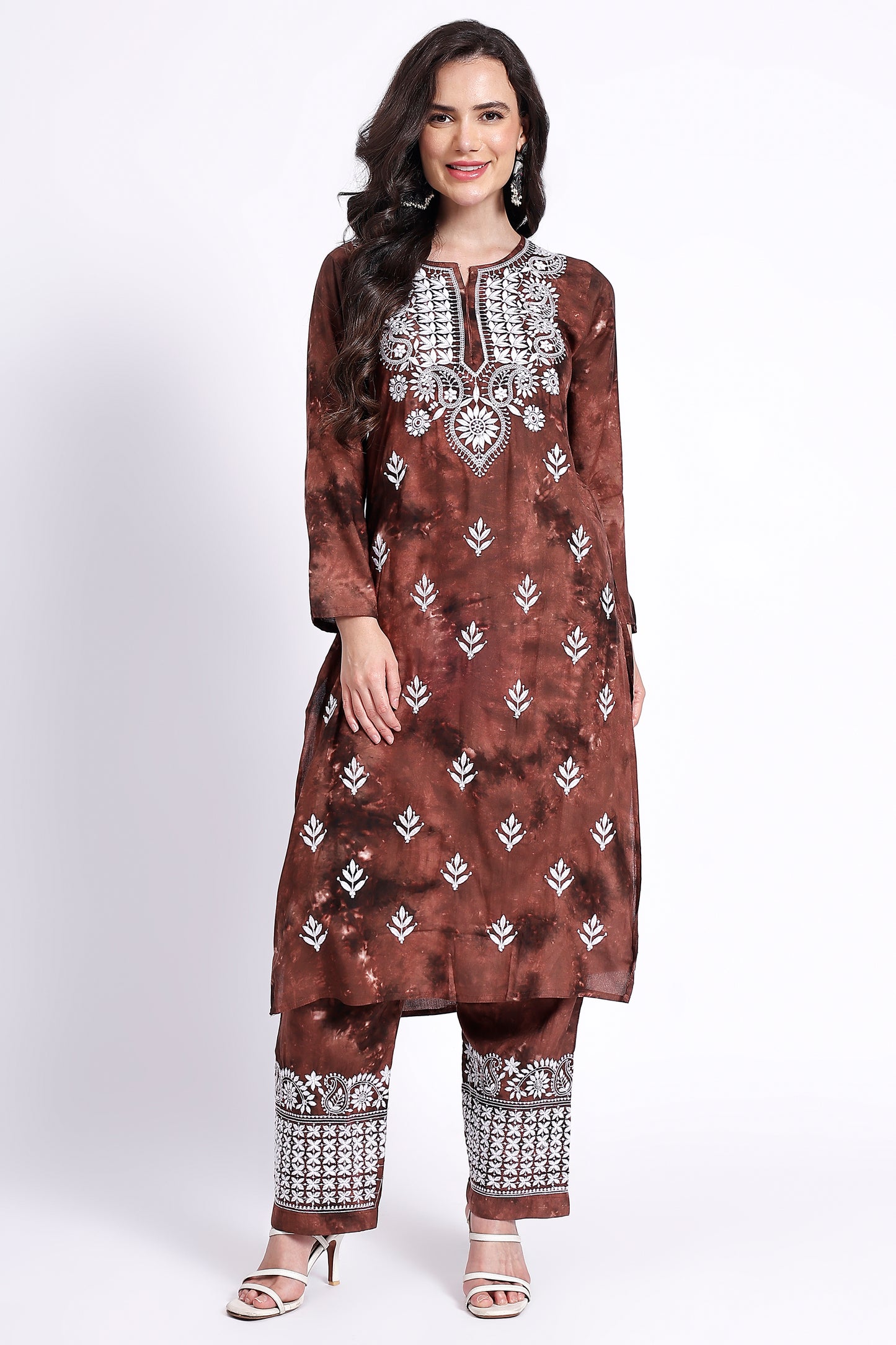 The Chikankari Story Embroidered Rayon Tie-Dyed Chikankari Brown Kurti plazzo set having bollywood 3D Embroidery.