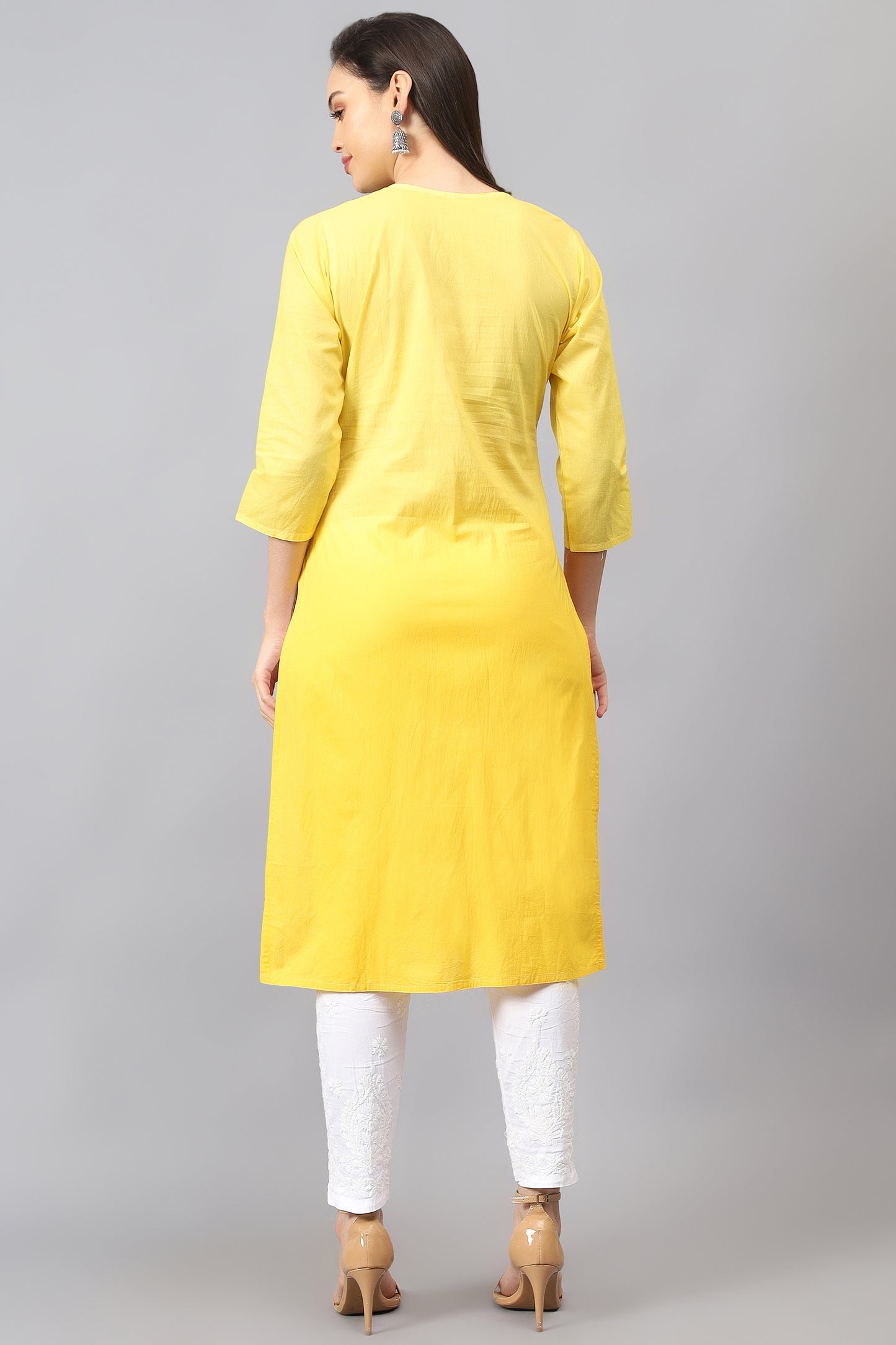 The Chikankari Story Pure Cotton Kurti for Women - Fine Chikan Kari Machine Embroidery in Ombre Shades of Purple, White, Yellow, Pink, and Blue.