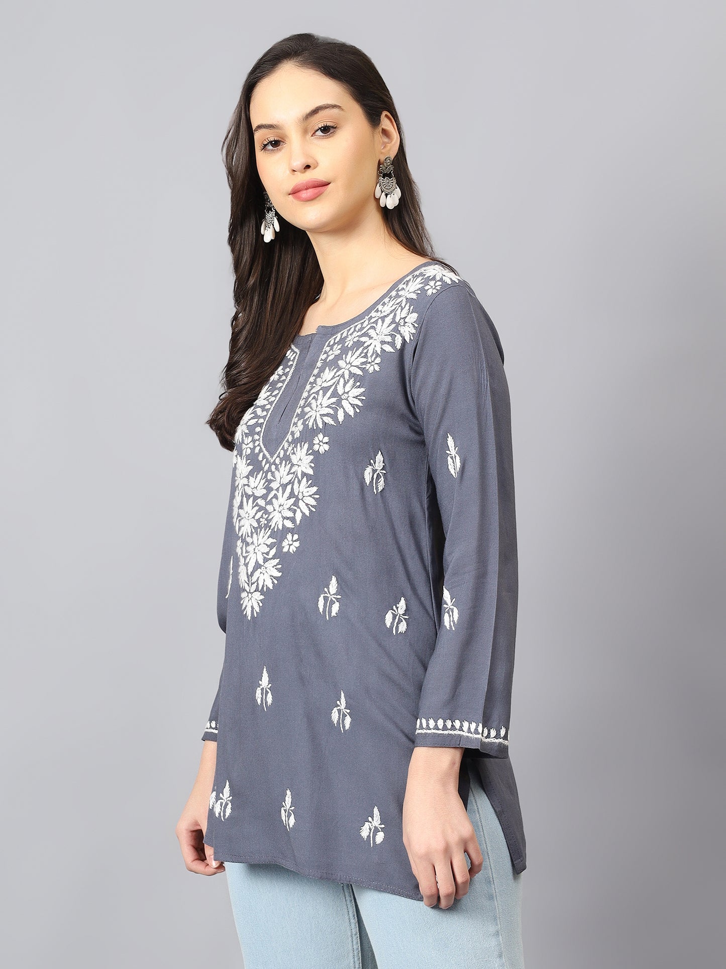 The Chikankari Story: Lucknowi Chikankari Hand Embroidery Cotton Rayon Short Kurti, Kurta, Top, and Tunic Collection in Deep Sea Green, Green Olive, Cool Blue, Black, and Grey