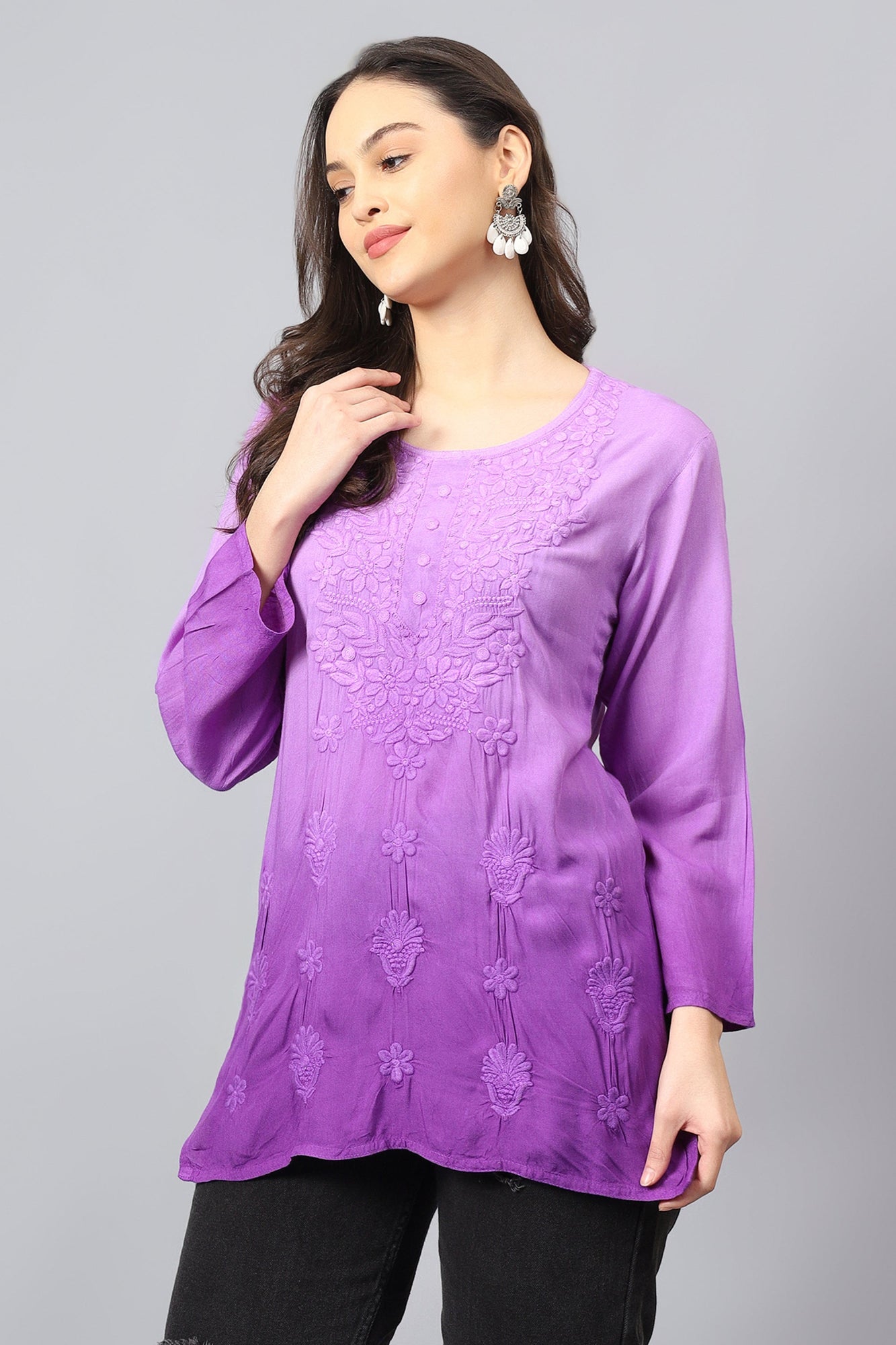 The Chikankari Story: Elegant Rayon Chikankari Kurti with Heavy Neck Embroidery in Red, Purple, Blue, and Green – Short Length, Pre-Dyed Design