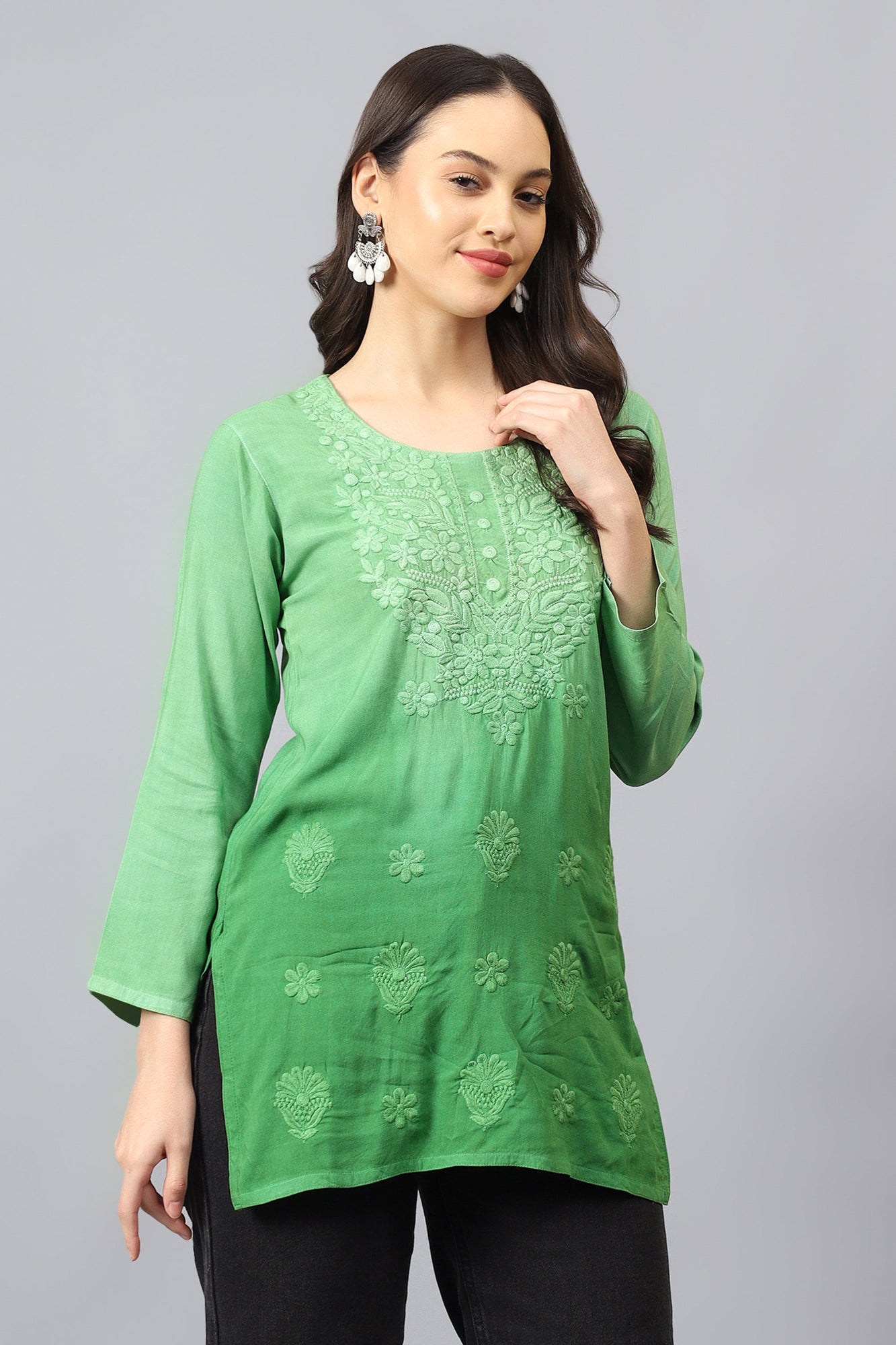 The Chikankari Story: Elegant Rayon Chikankari Kurti with Heavy Neck Embroidery in Red, Purple, Blue, and Green – Short Length, Pre-Dyed Design