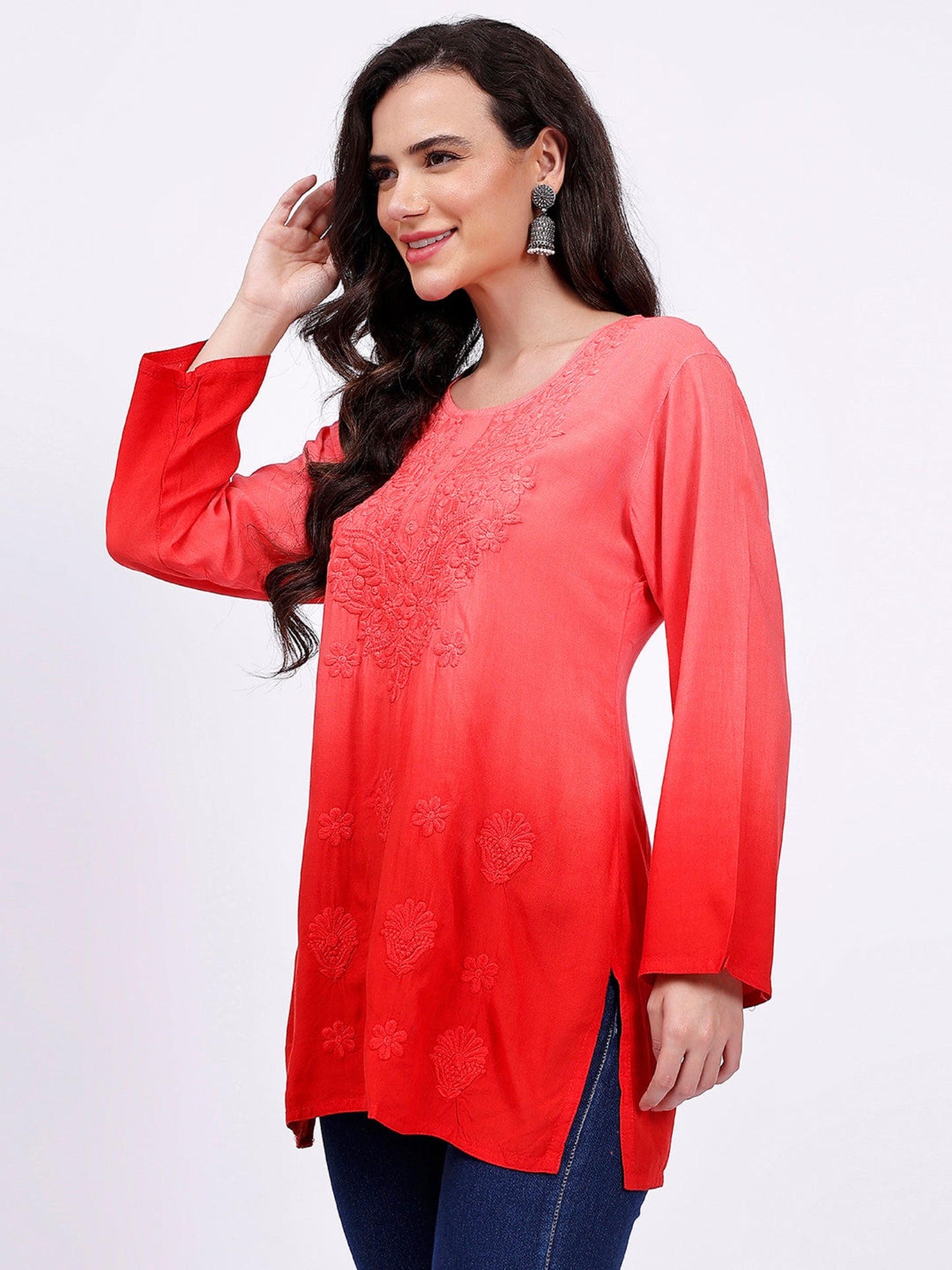 The Chikankari Story: Elegant Rayon Chikankari Kurti with Heavy Neck Embroidery in Red, Purple, Blue, and Green – Short Length, Pre-Dyed Design