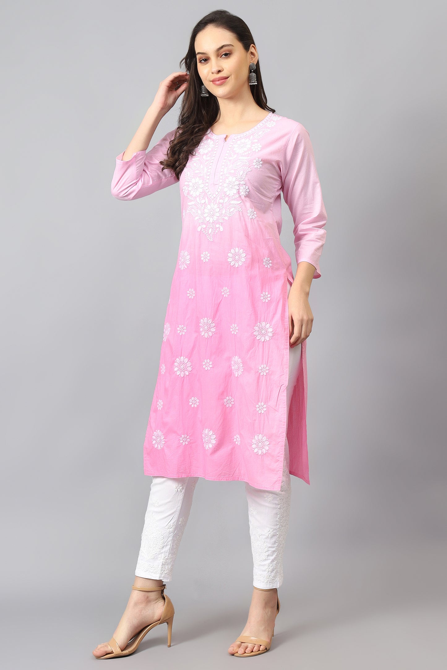 The Chikankari Story Pure Cotton Kurti for Women - Fine Chikan Kari Machine Embroidery in Ombre Shades of Purple, White, Yellow, Pink, and Blue.